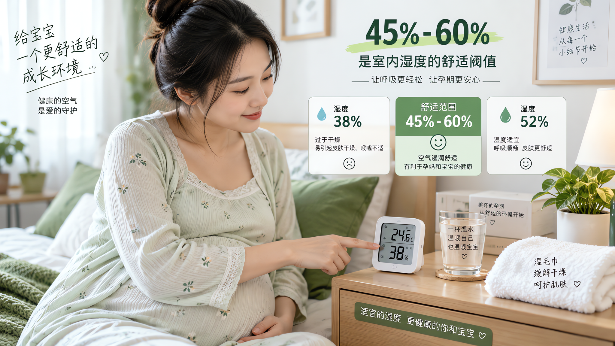 喉咙干到想吐的孕妈：先把卧室湿度调到45%-60%
