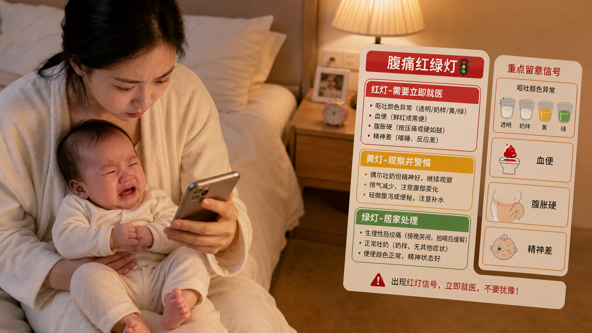 场景为中国家庭卧室的夜间/清晨,柔和床头灯光下,一位中国年轻妈妈抱着0-1岁中国婴儿,婴儿表现为腹痛