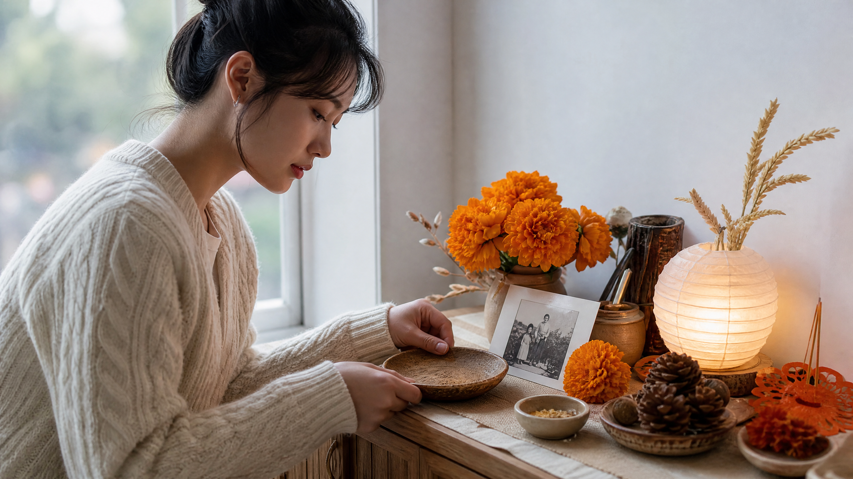 中国年轻女性在秋日家中靠窗的边几前布置“记忆供桌”，人物侧身微低头，双手轻放一张旧照片和一只粗陶小盘