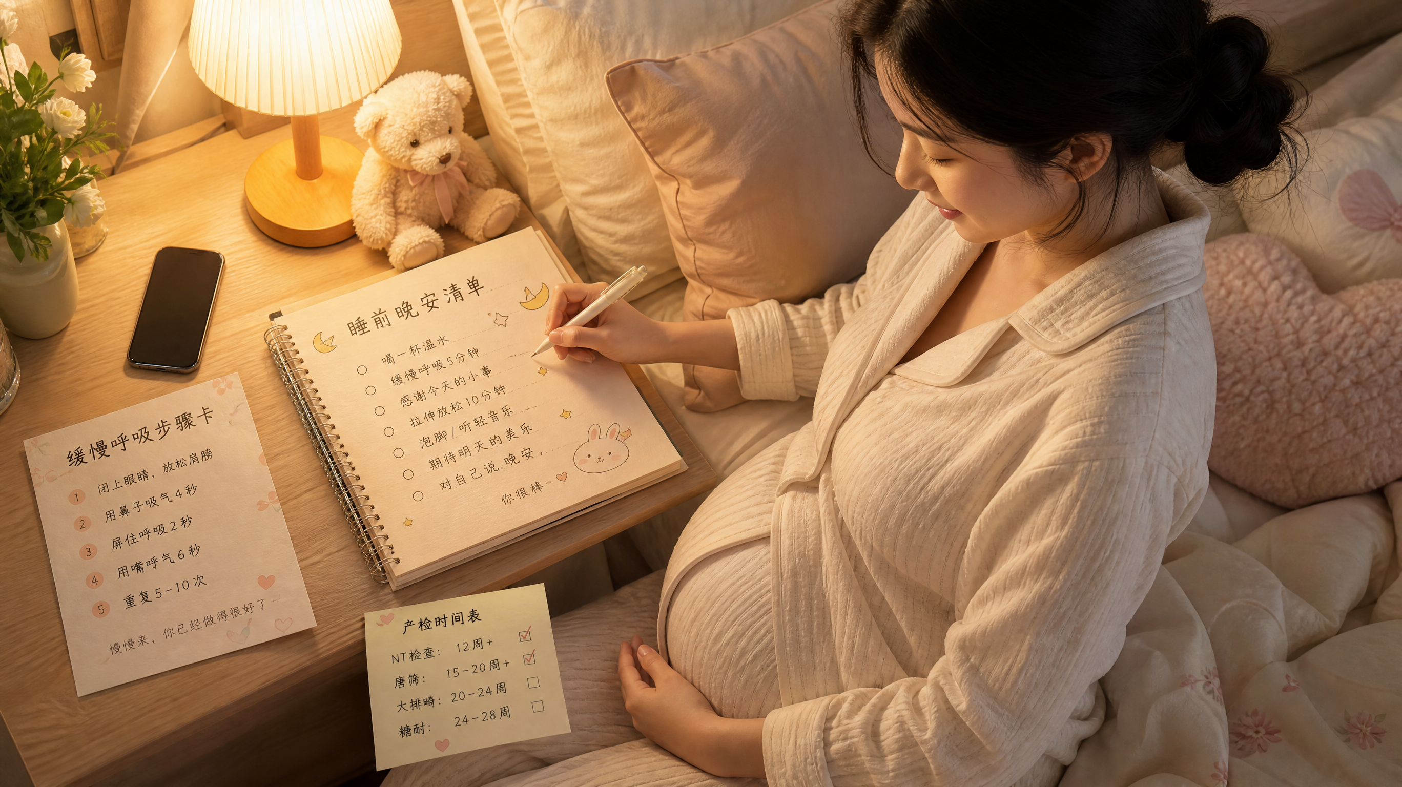 中国年轻孕妈在卧室床头，穿舒适家居服，坐在床边写“睡前晚安清单”手账，旁边放着手机但屏幕朝下不使用；