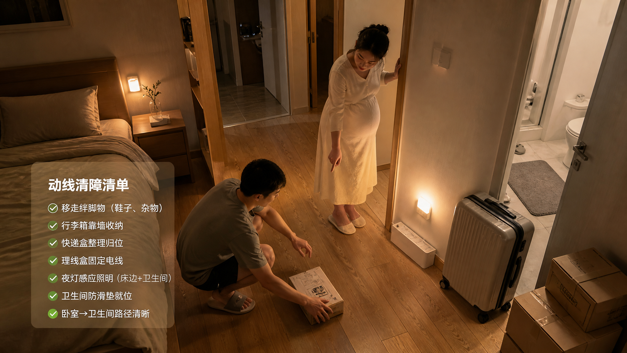 中国年轻准爸爸在夜晚的家中走廊与卧室门口整理地面动线，中国孕晚期准妈妈扶着门框在旁边指认需要清理的障