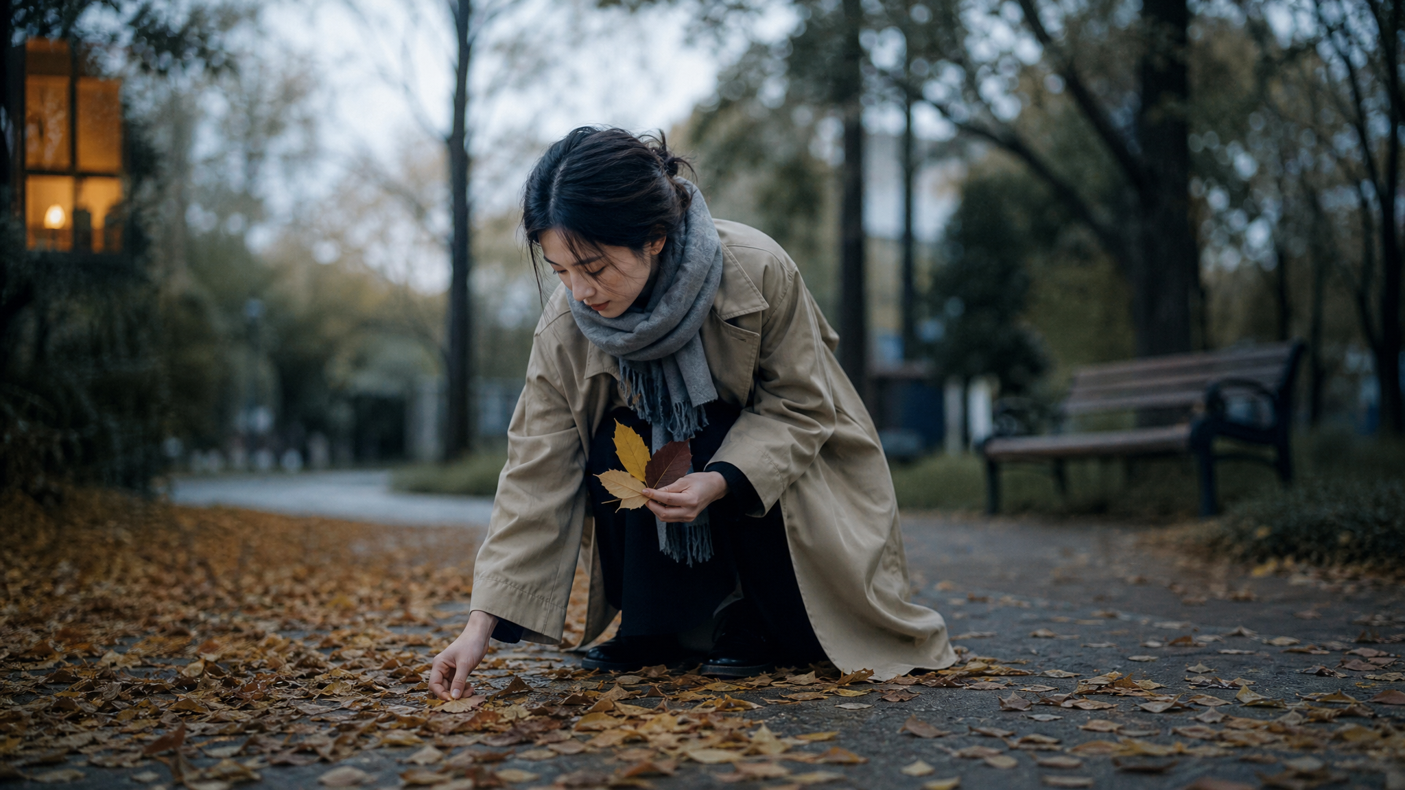 中国年轻女性，独自一人在城市公园的秋日小路上弯腰拾起落叶，手里拿着3片不同颜色的叶子，穿简洁风衣与围