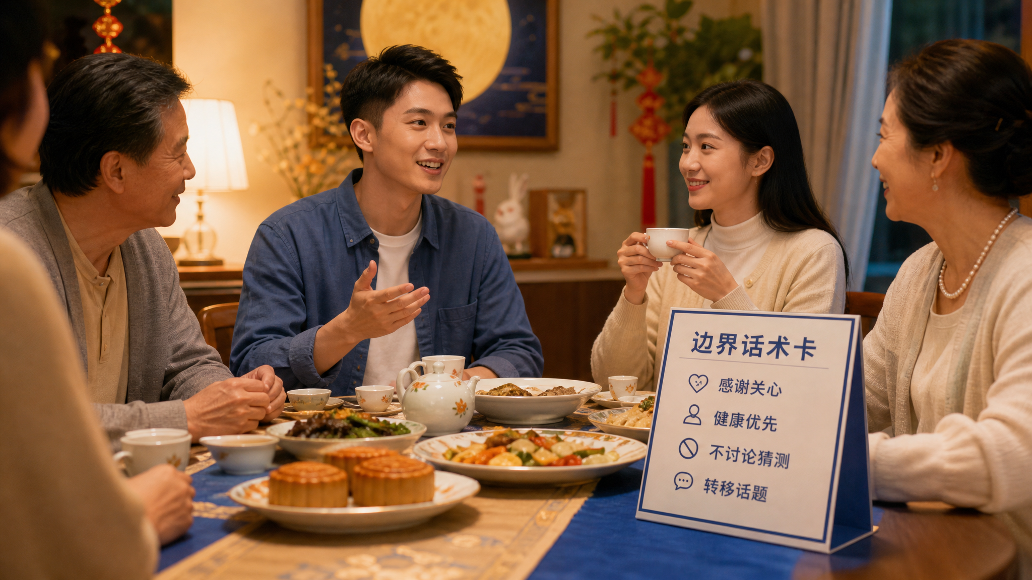 中秋家庭团圆饭餐桌场景,中国年轻夫妻与长辈围坐,桌上有月饼与茶具,年轻丈夫微笑着先开口说话,妻子放松