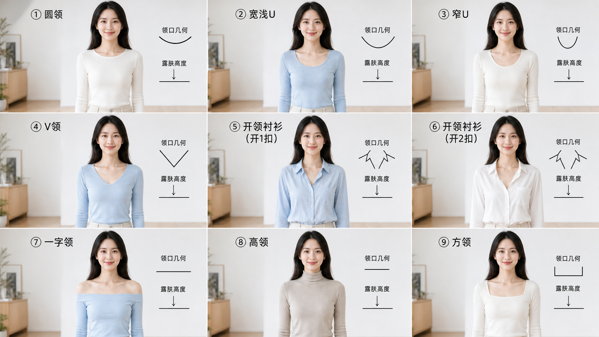 脖子短别硬露：领口几何+露肤高度才显长