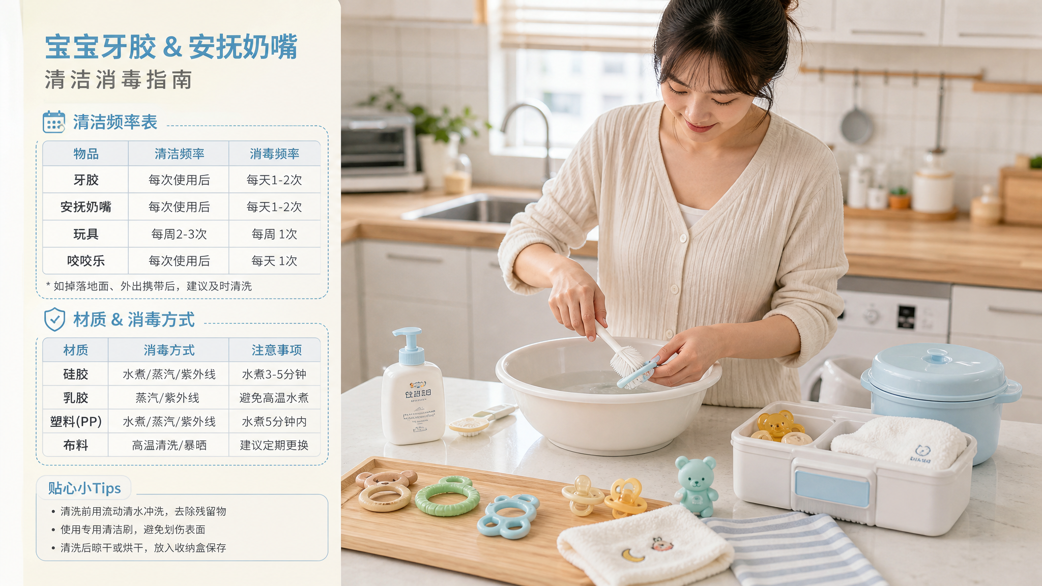 中国年轻妈妈在家中明亮整洁的厨房台面前,为0-1岁中国宝宝的牙胶和安抚奶嘴进行清洗与消毒准备,台面上