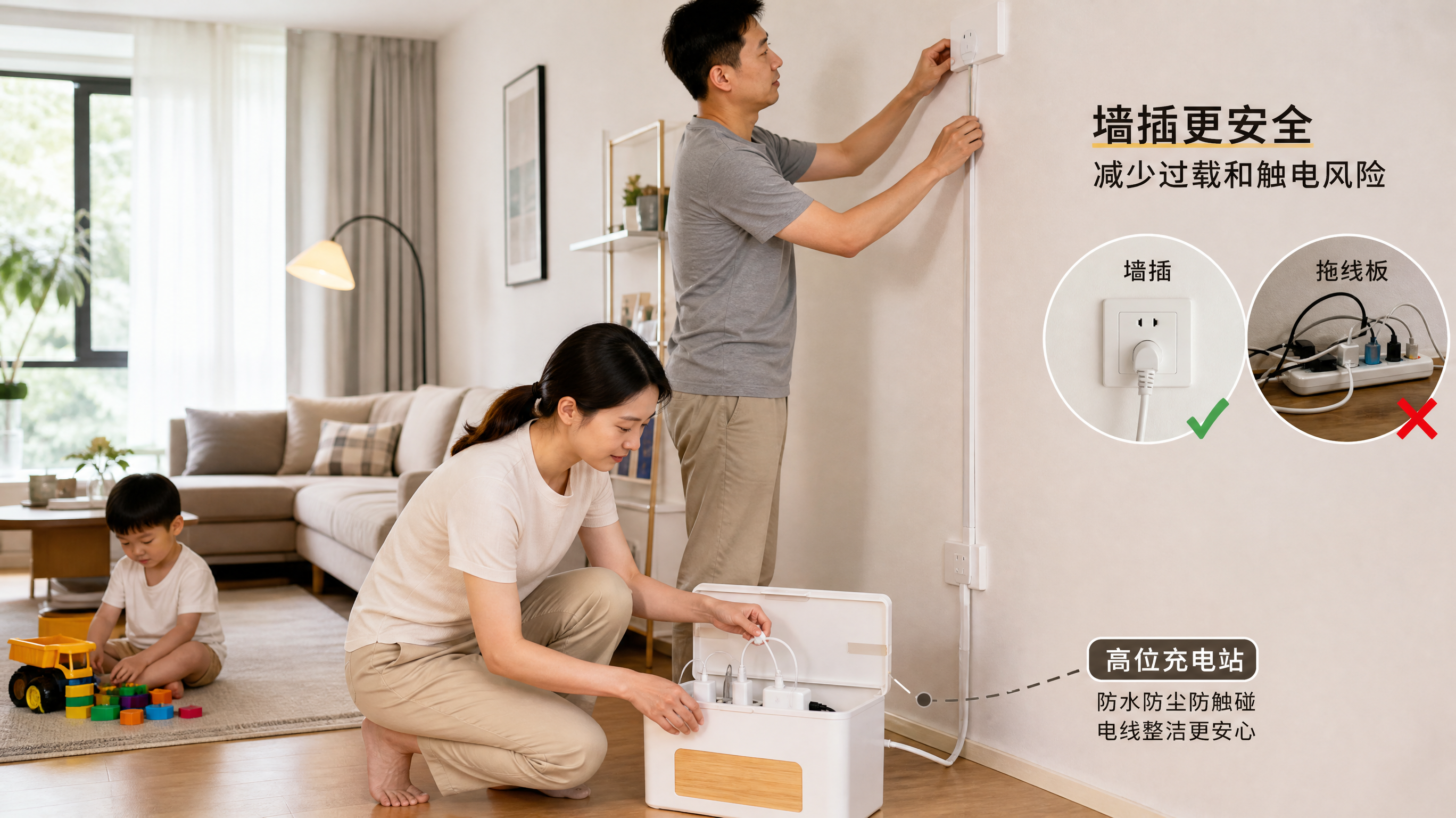 中国年轻父母在夏季家庭客厅里进行用电安全整改检查，妈妈蹲下整理拖线板和充电线收纳盒，爸爸站在墙边用走