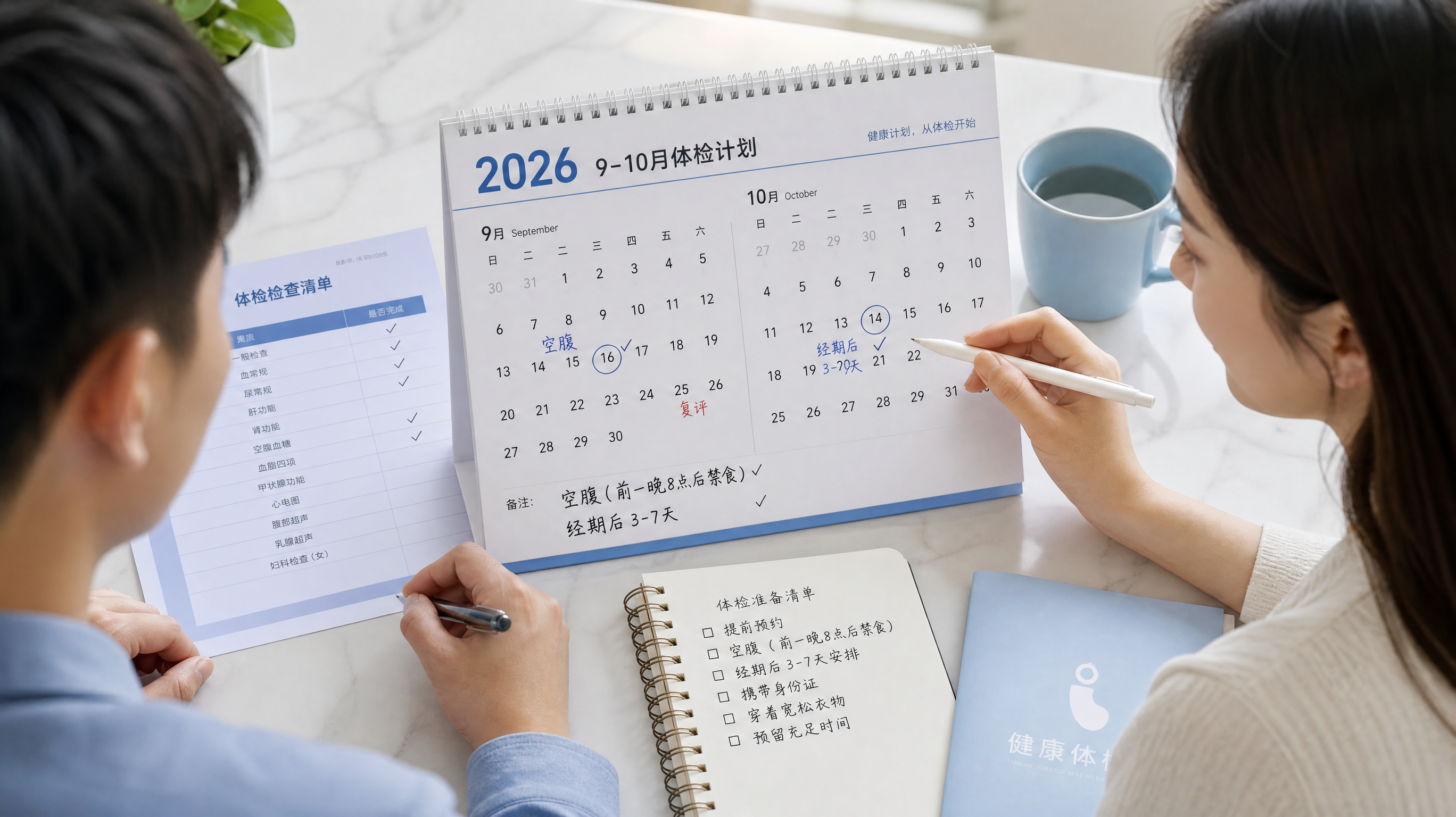 画面为2026年9-10月的清爽日历排期图风格,场景在明亮整洁的家中餐桌上,中国年轻夫妻坐在一起做计