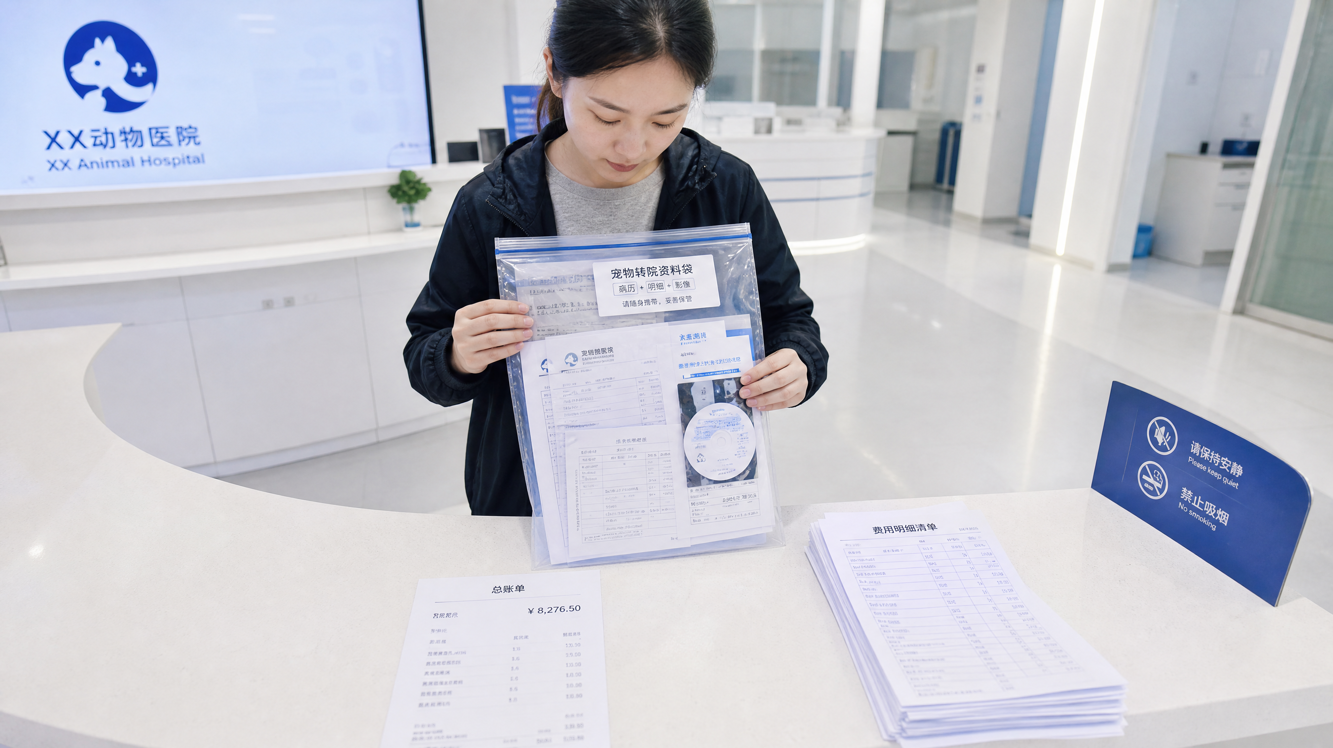 中国年轻女性宠物主人在现代干净的宠物医院前台，手里整理一个透明资料袋，资料袋内清晰可见宠物病历复印件