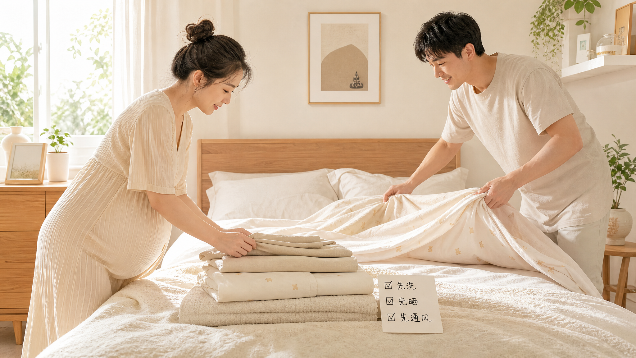 中国年轻孕妈妈在明亮整洁的卧室里整理床品，中国准爸爸在旁边帮忙把被套装上，画面核心主体是一张床与叠放