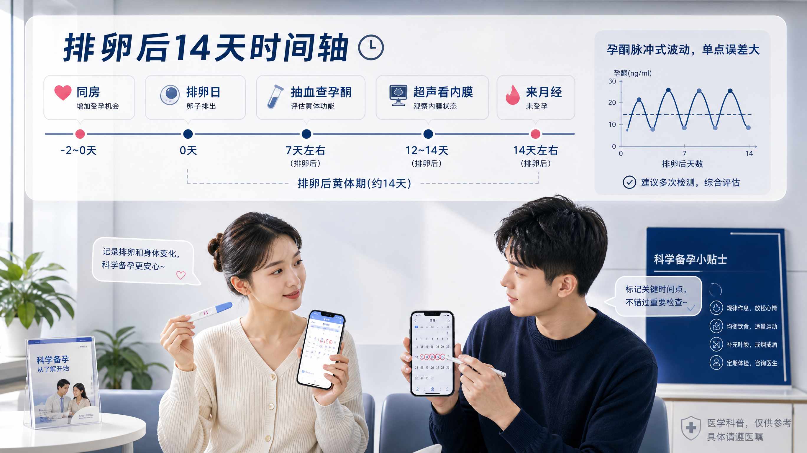 暖白+深蓝医疗科普风的长图信息海报场景,画面中一位中国年轻女性坐在明亮整洁的诊室外等候区,手里拿着排