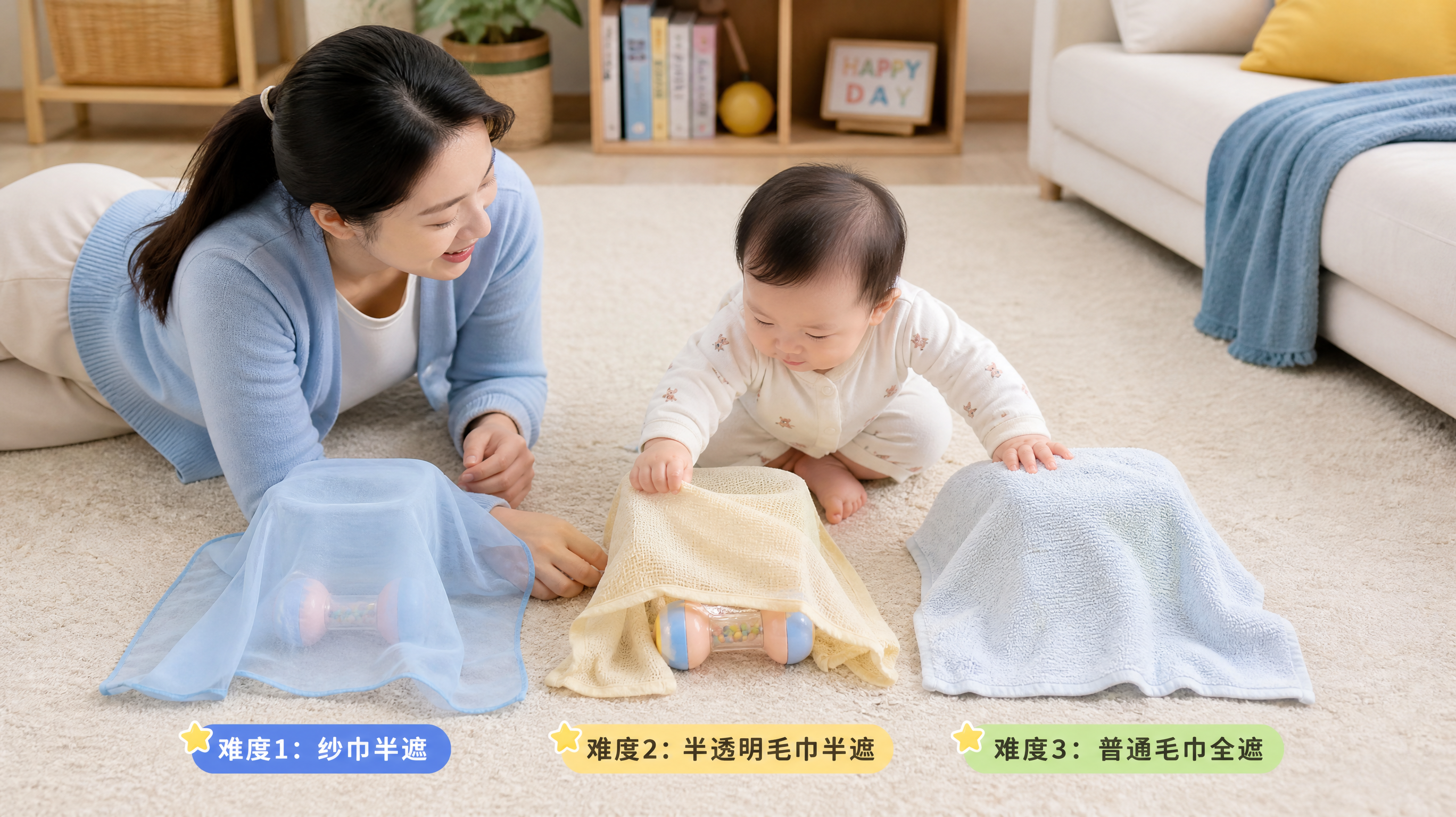明亮整洁的中国家庭客厅场景,柔软地毯上坐着一位中国年轻妈妈与6-10个月中国婴儿,妈妈正在用毛巾进行