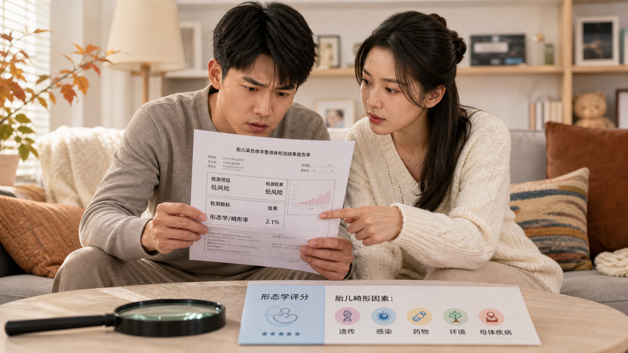 中国年轻夫妻在温暖明亮的客厅里坐在沙发前查看体检报告,男性神情紧张握着报告单,女性冷静指向报告中的“