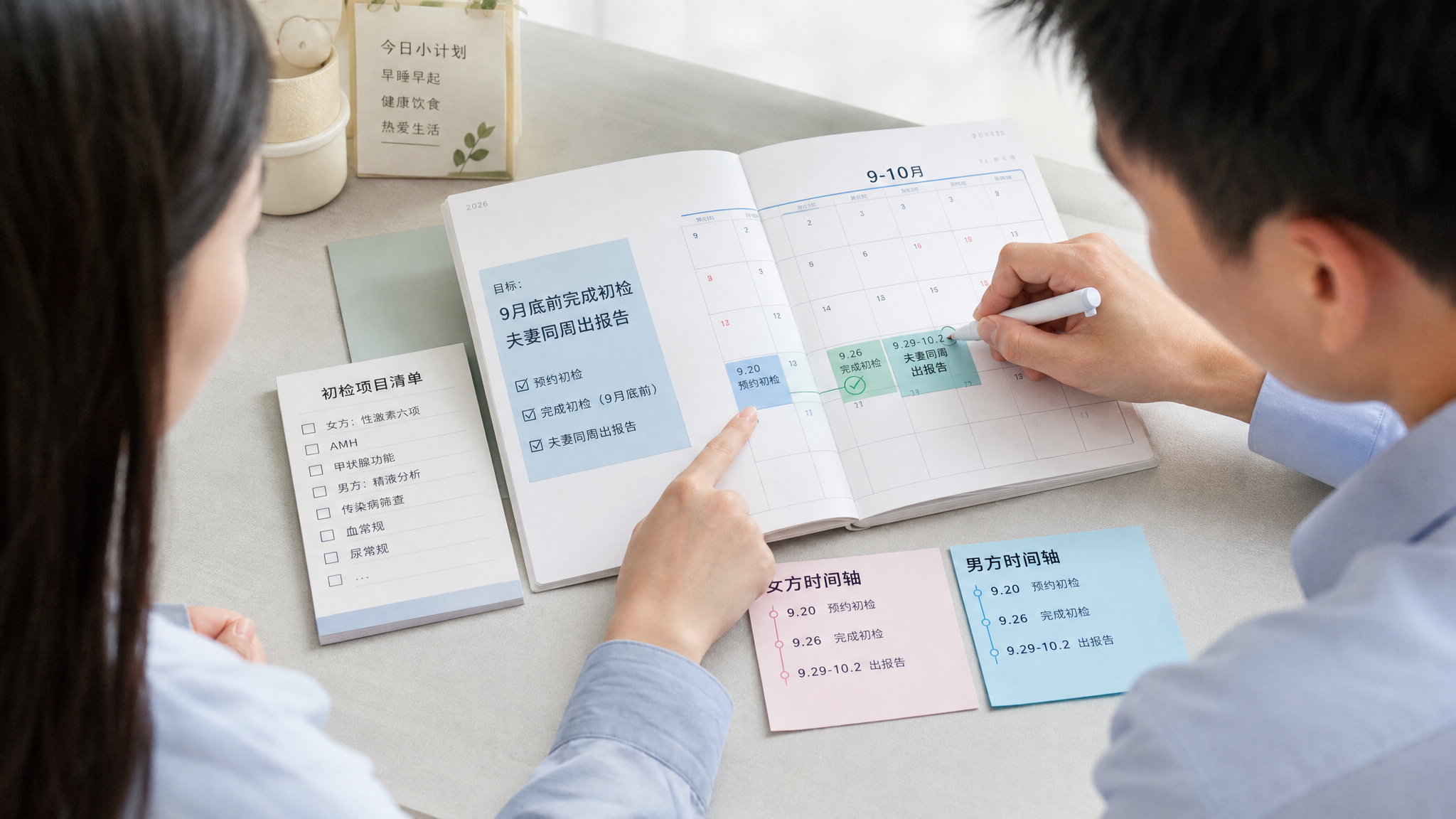 场景为干净明亮的室内桌面,摊开一本2026年9-10月的日历本与检查清单,旁边放着两张写有“女方”“