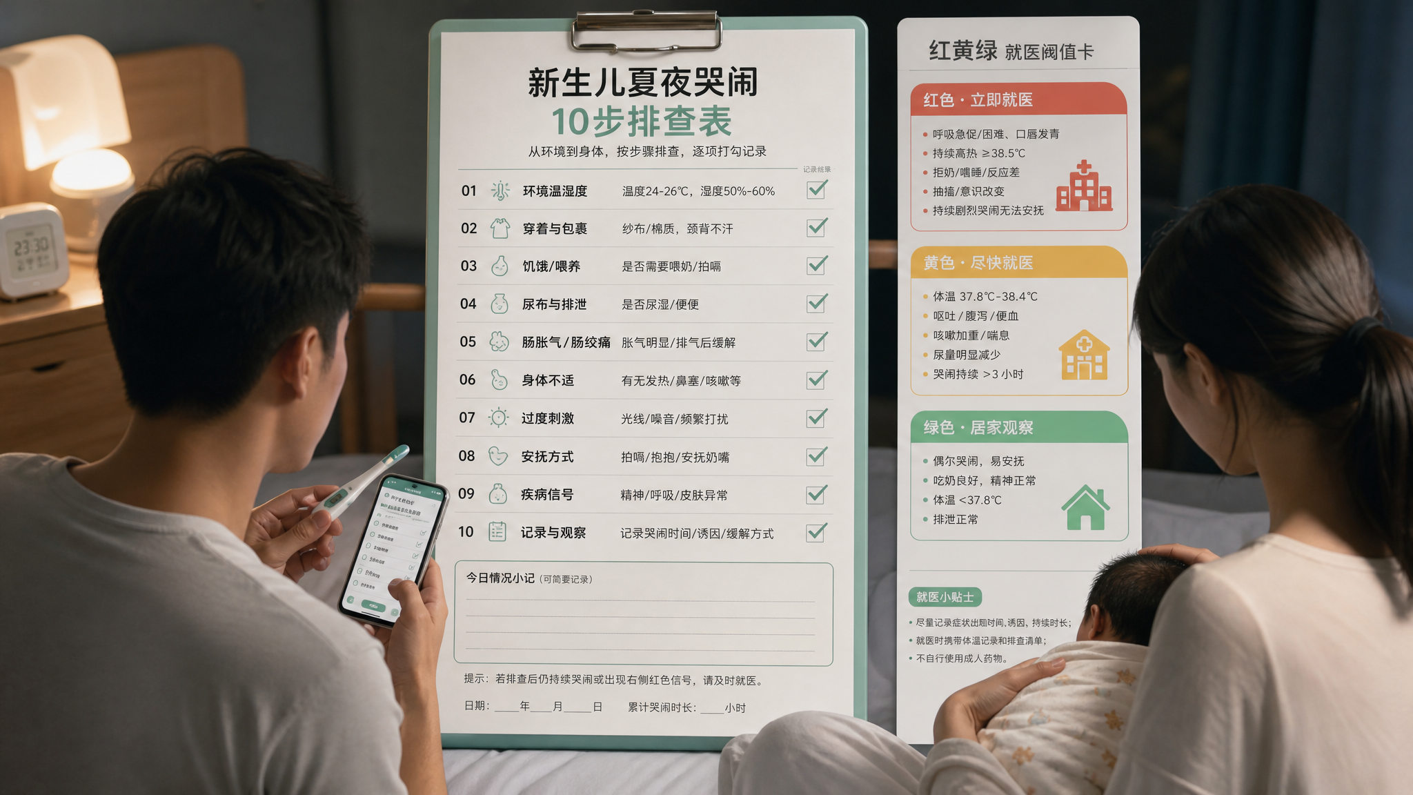 竖版海报构图，像医院床旁流程图的风格；画面主体是一张“新生儿夏夜哭闹10步排查表+红黄绿就医阈值卡”