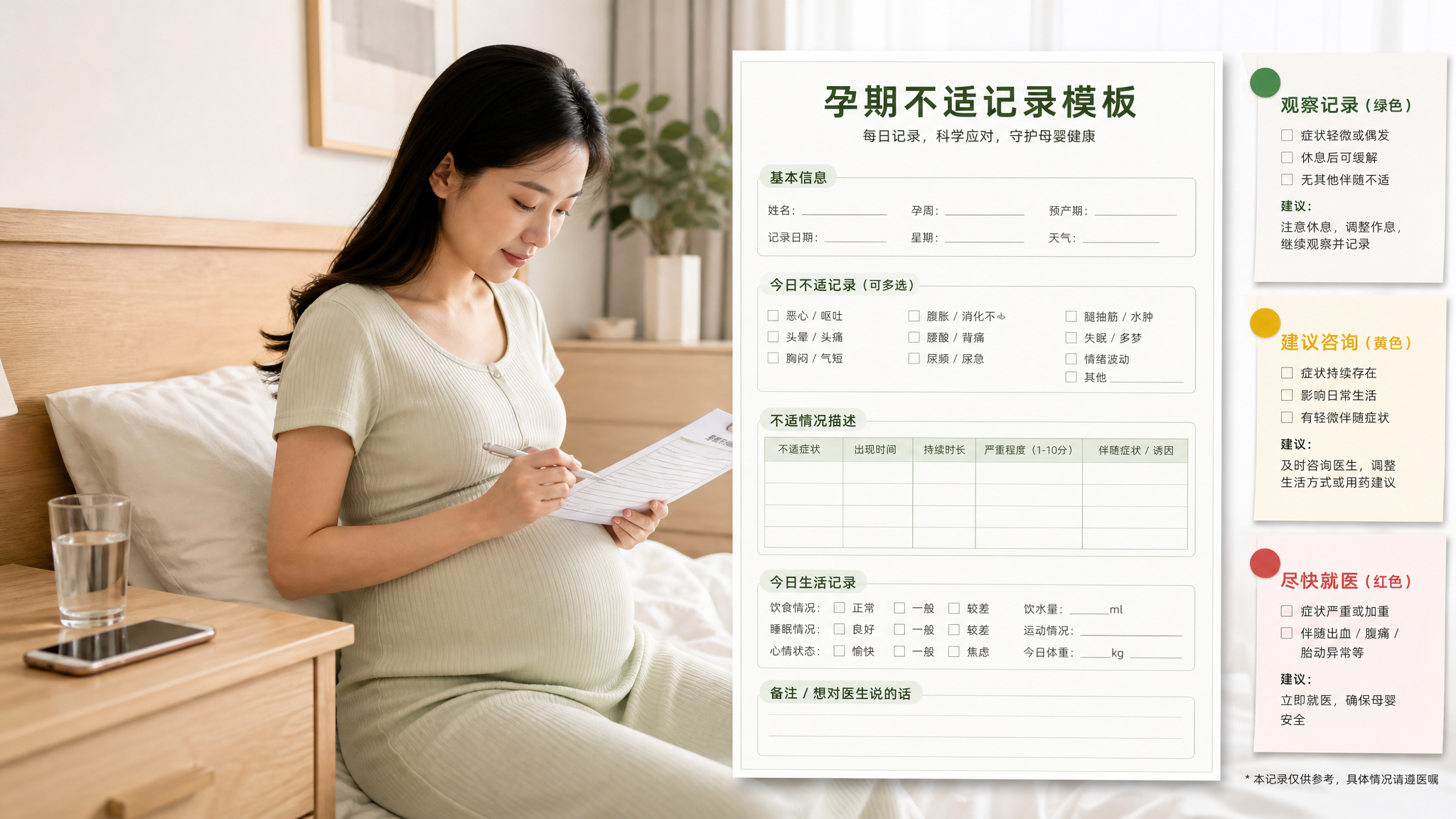 孕期不舒服别硬扛：3个信号判断要不要就医（附可复制记录表）