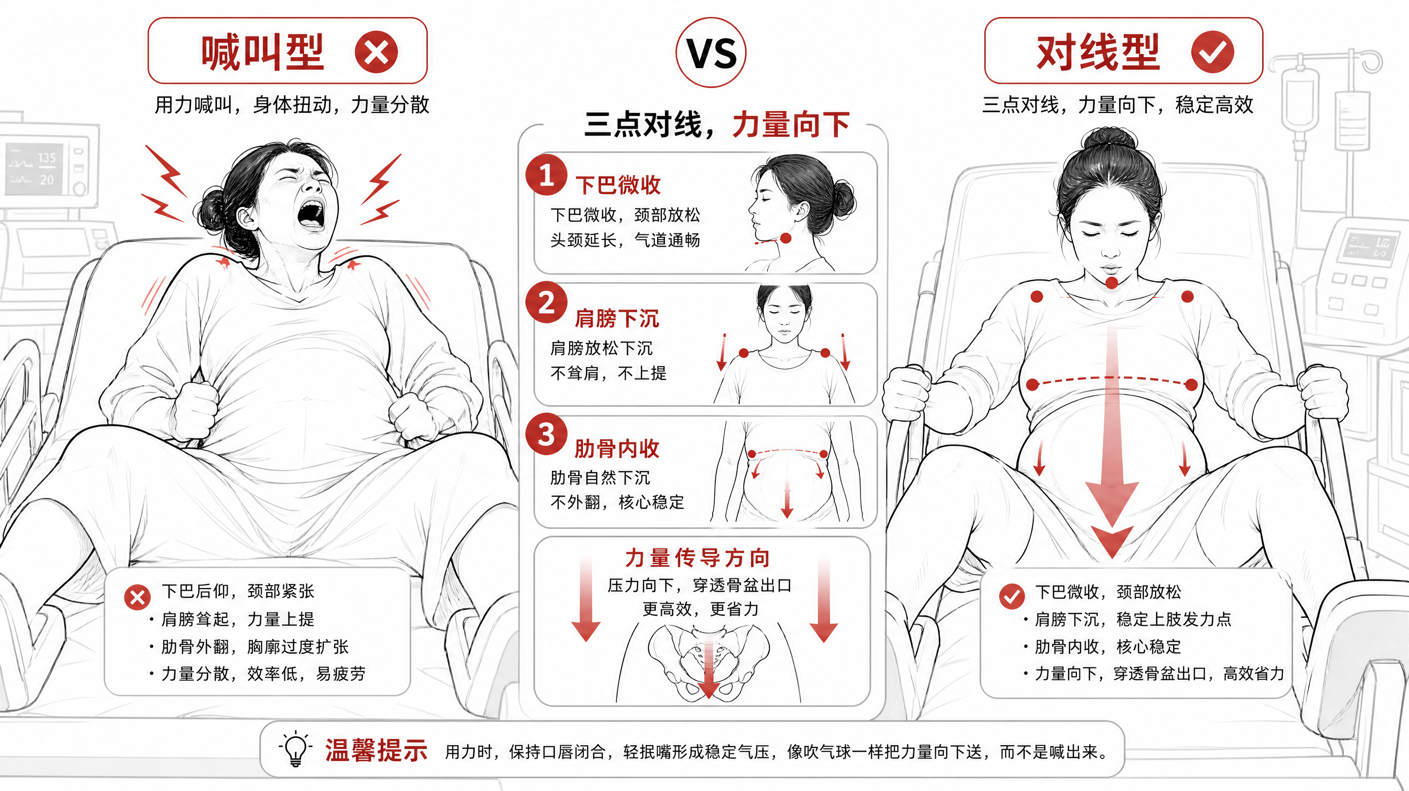 训练手册风格的医学科普插画，一张画面包含左右对比与三步示意：左侧“喊叫型”姿势（中国产妇在产床上，张