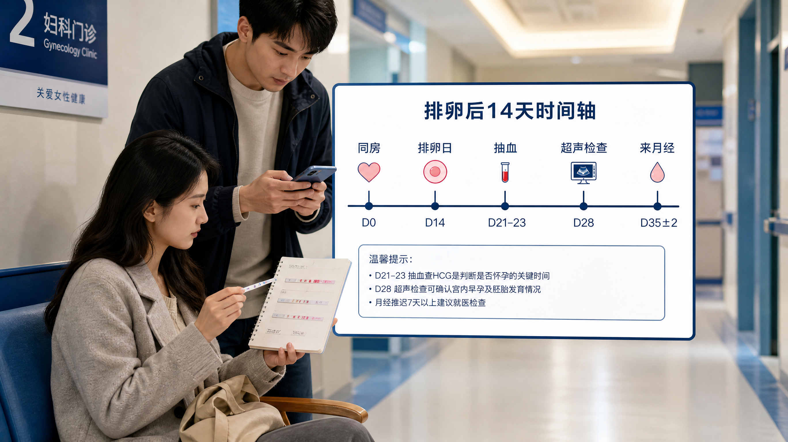 中国年轻夫妻在医院门诊走廊的安静角落,女方坐着手里拿着排卵试纸记录本,男方站在旁边用手机记录时间轴并