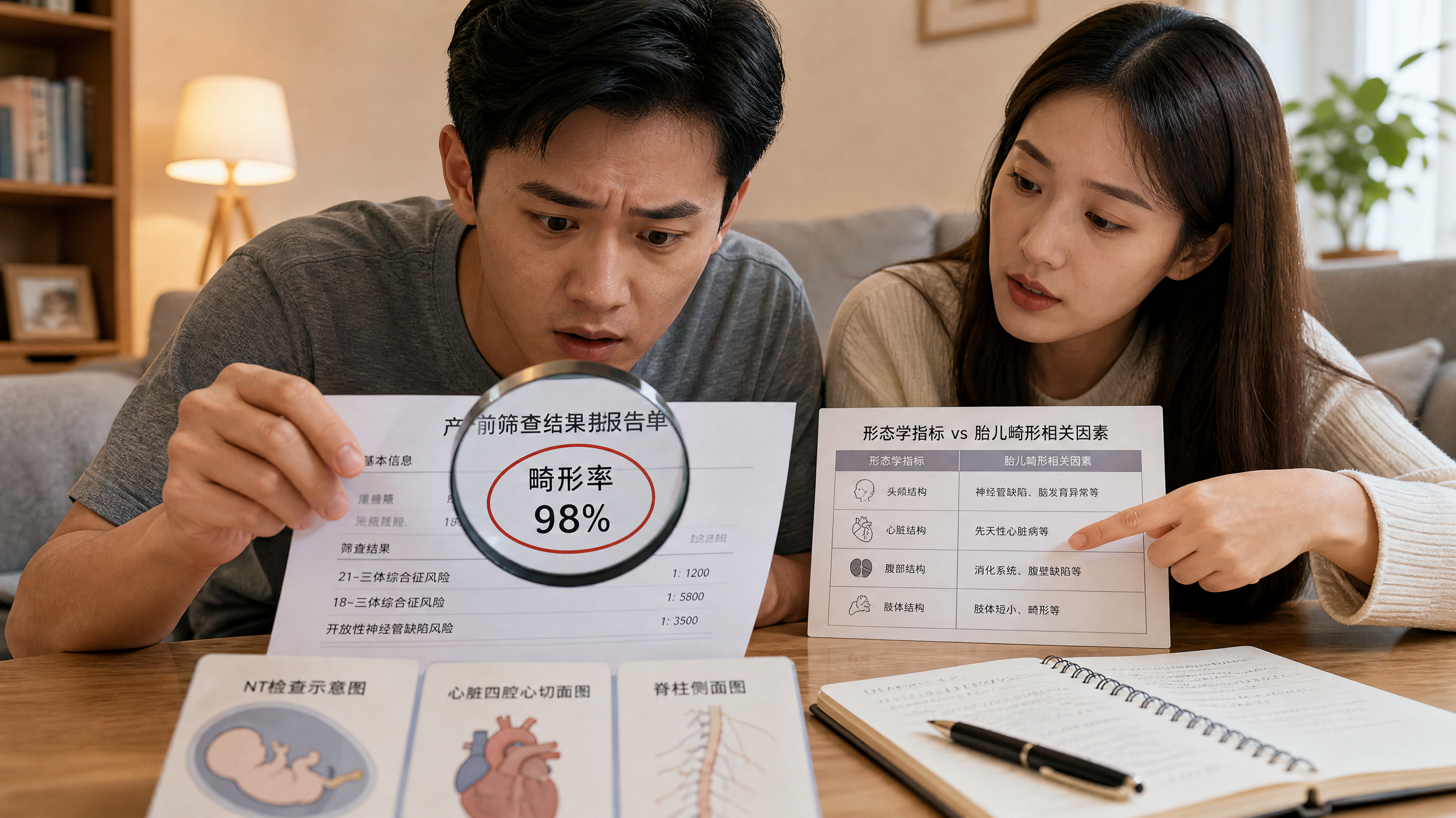 中国年轻夫妻在家中客厅沙发旁查看体检报告单,丈夫神情紧张盯着报告上被放大镜圈出的“畸形率98%”,妻