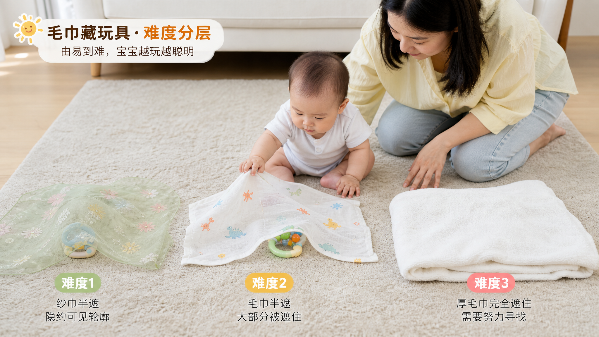 明亮整洁的中国家庭客厅,柔和自然光,一位中国年轻妈妈跪坐在地毯上陪6-10个月中国宝宝玩“毛巾藏玩具