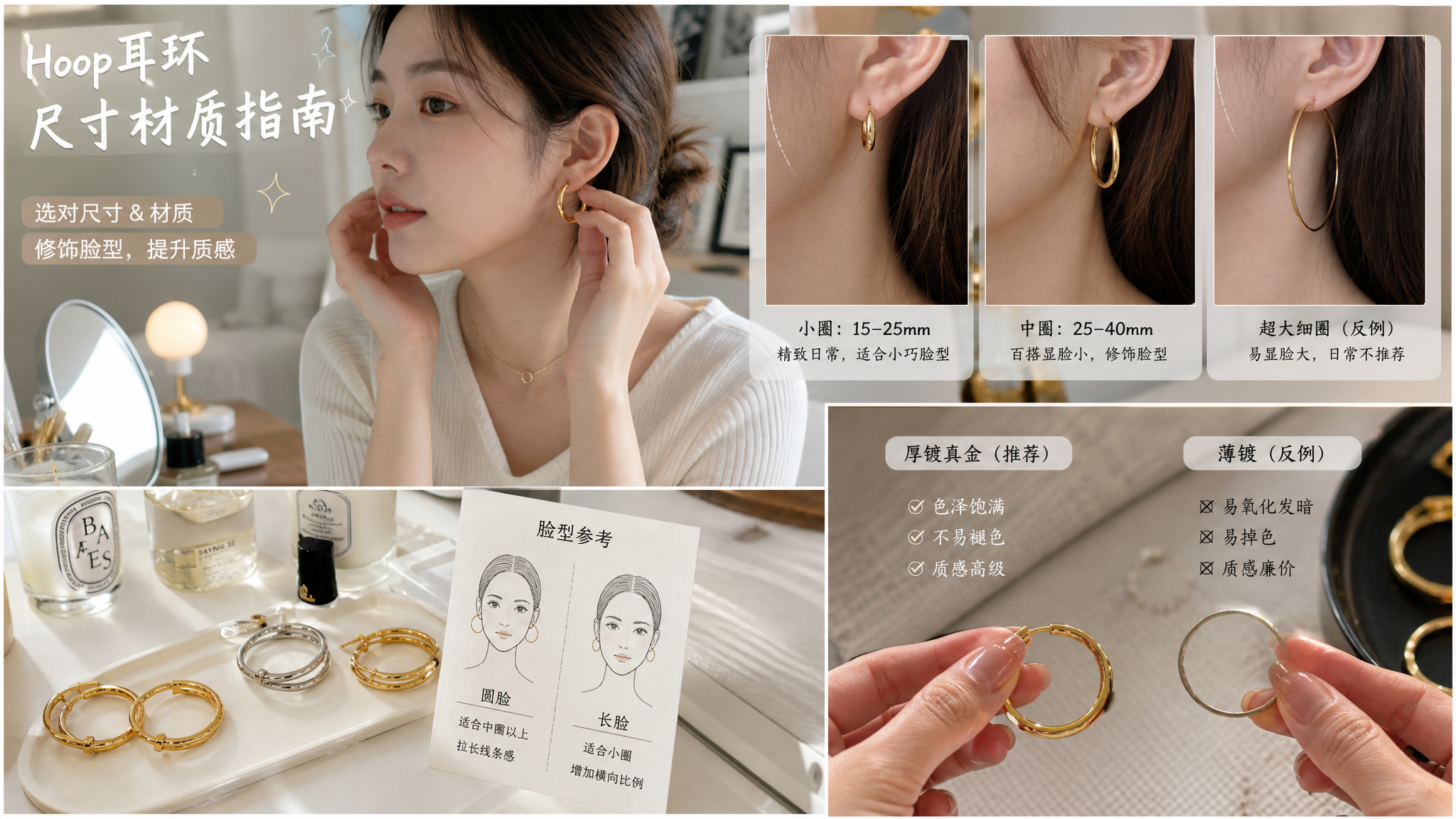 中国年轻女性在明亮干净的梳妆台前试戴Hoop耳环，对比展示三种尺寸与厚度（小圈15-25mm、中圈2