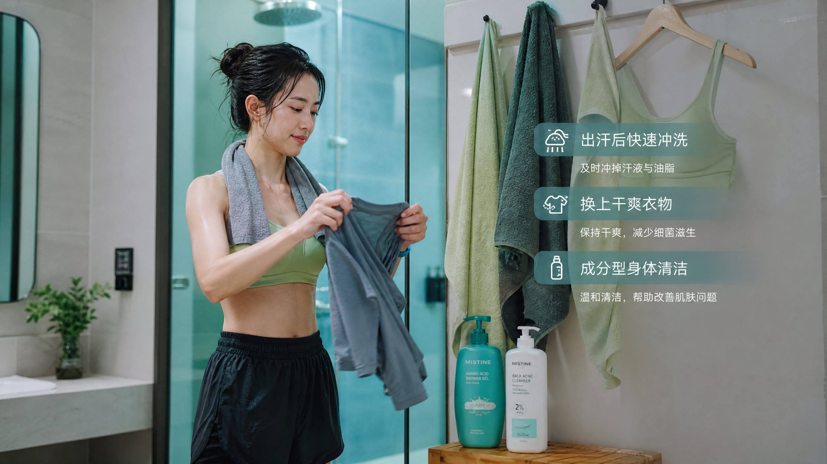 中国年轻女性在健身房更衣室与淋浴区交界处的生活化场景，人物刚运动完，手里拿着速干上衣准备更换，旁边放