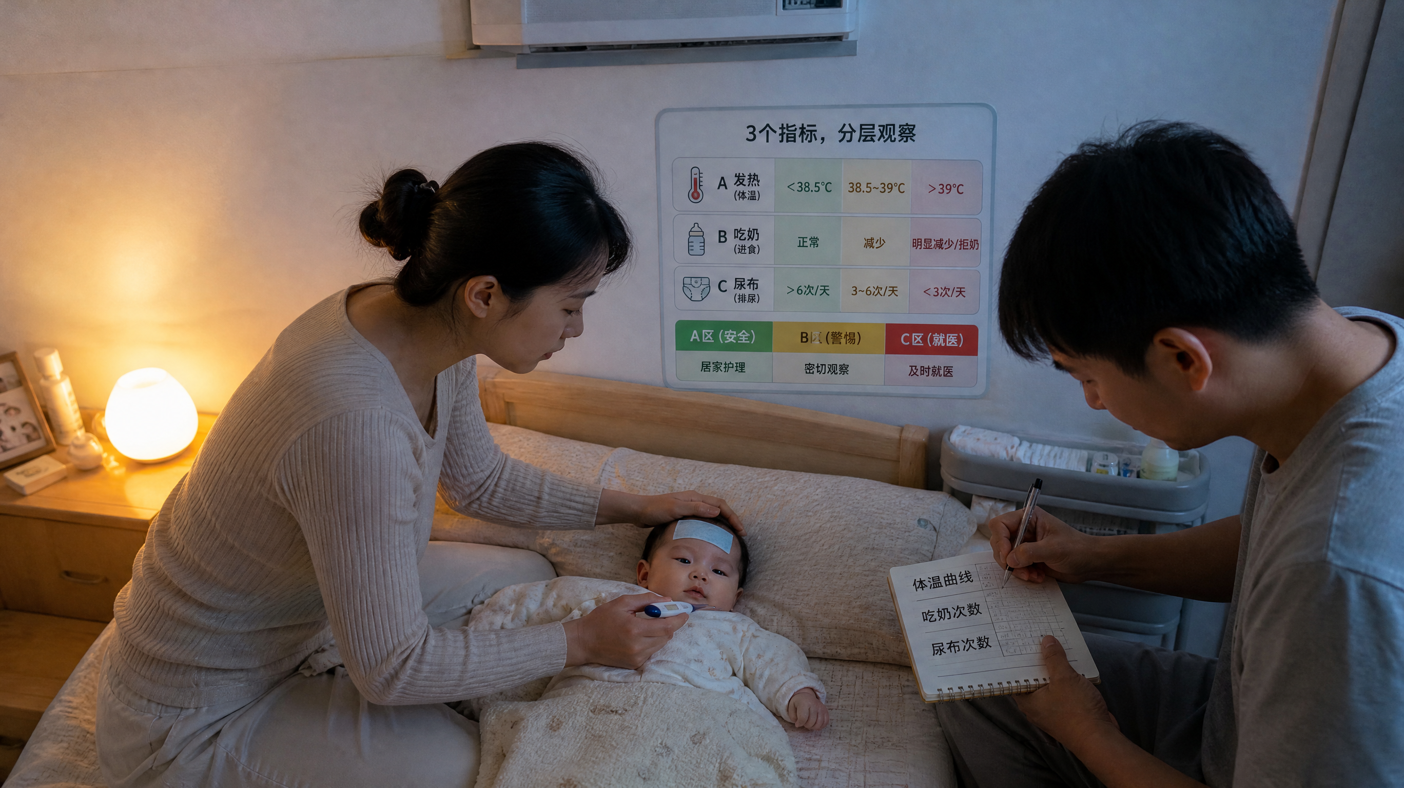中国年轻父母在夜晚卧室里照看发热的中国婴儿，妈妈用电子体温计测量，爸爸在本子上记录“体温曲线/吃奶次