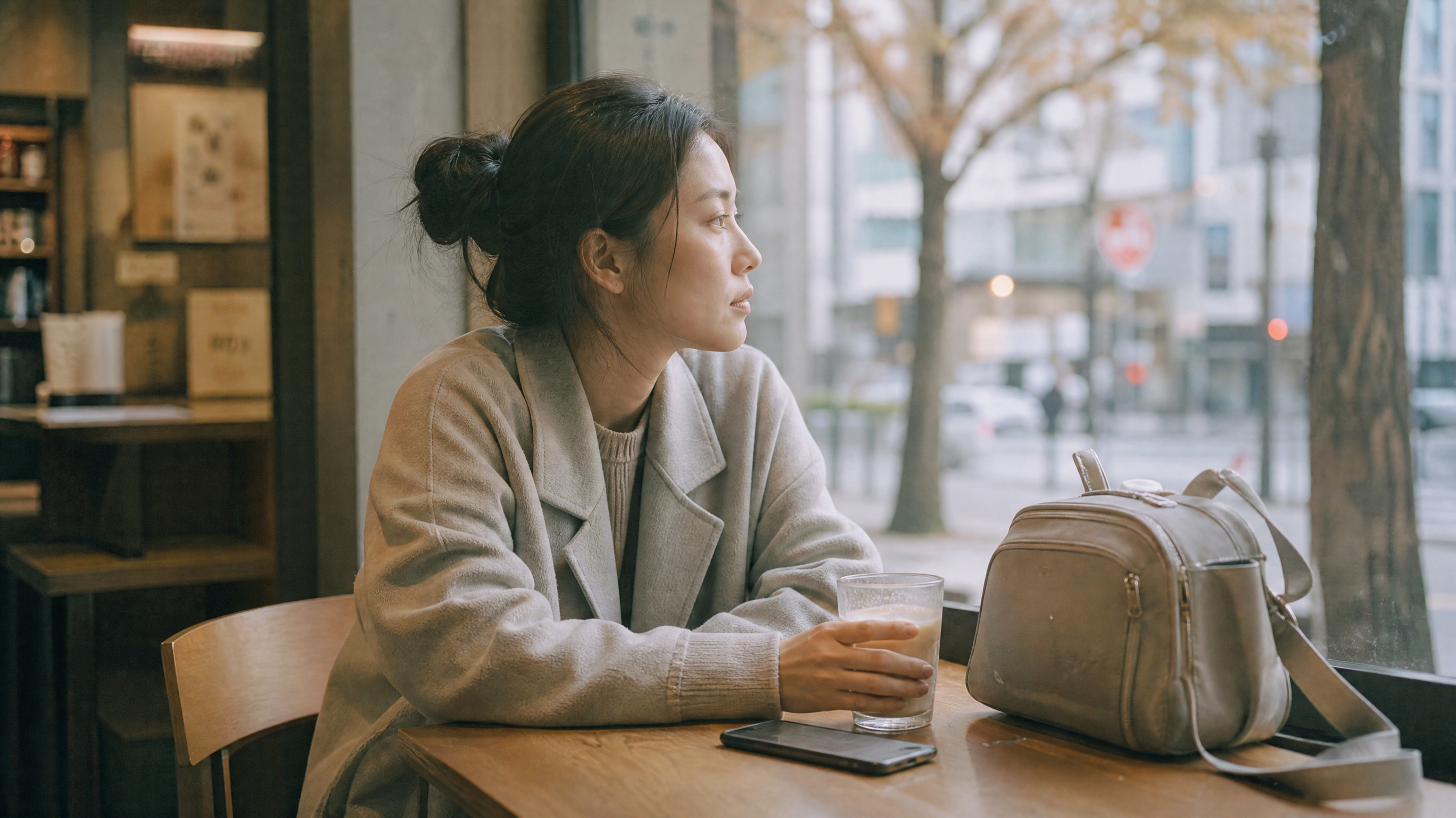 中国年轻妈妈，素颜，穿通勤休闲衣，在公司楼下的咖啡馆靠窗座位独自坐着，桌上有一杯略微冷掉的拿铁（可见