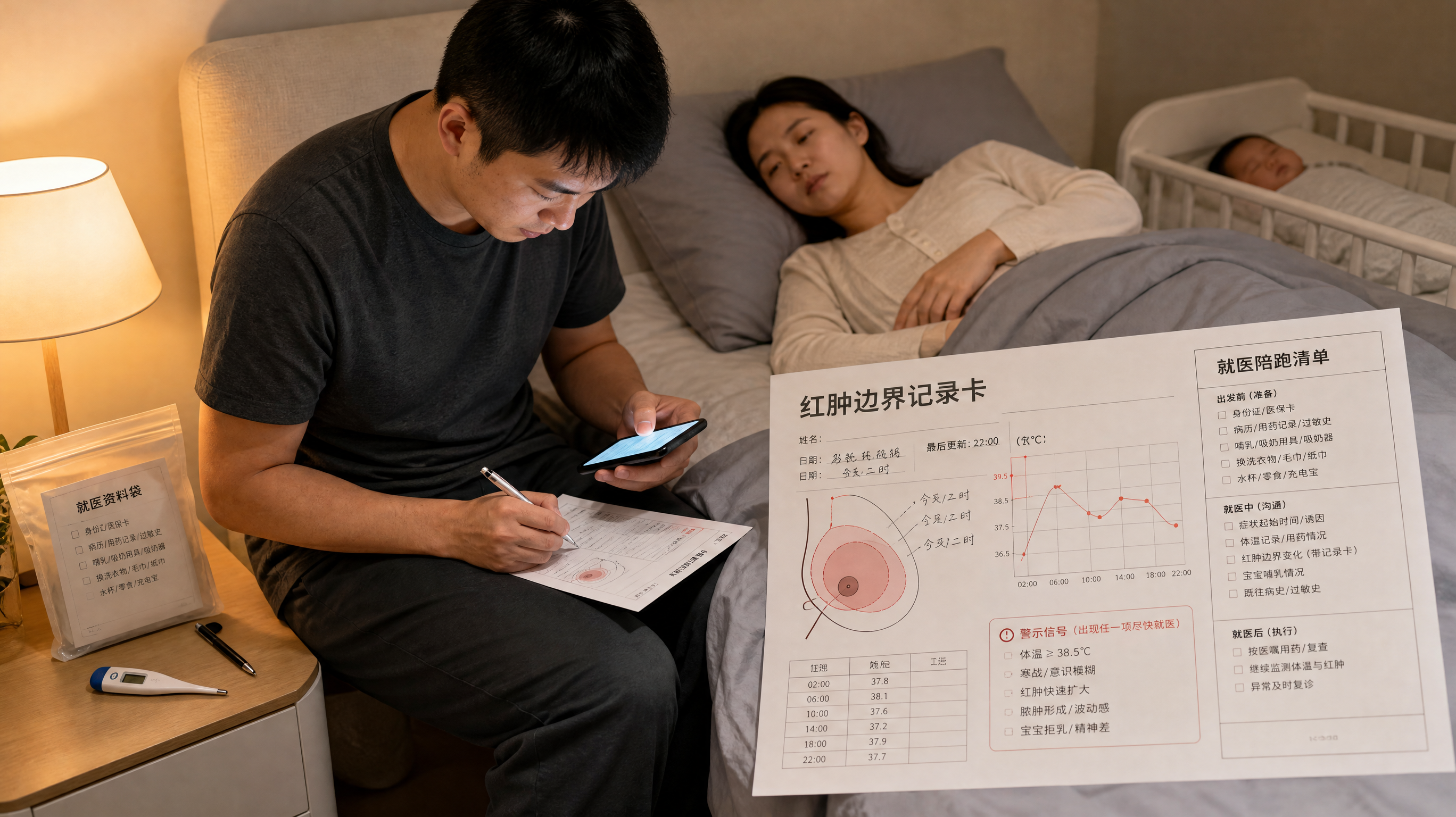 中国年轻家庭卧室夜间场景,一位中国年轻爸爸坐在床边拿着手机与纸质记录卡认真记录体温曲线与乳房红肿边界