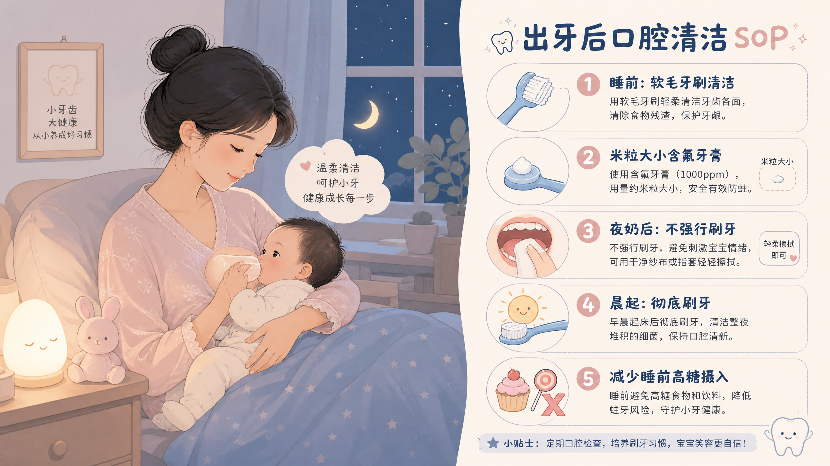温柔低饱和牙科蓝与藕粉配色的科普插画，场景为中国年轻妈妈在夜间卧室柔和小夜灯下抱着中国婴儿夜奶，旁边