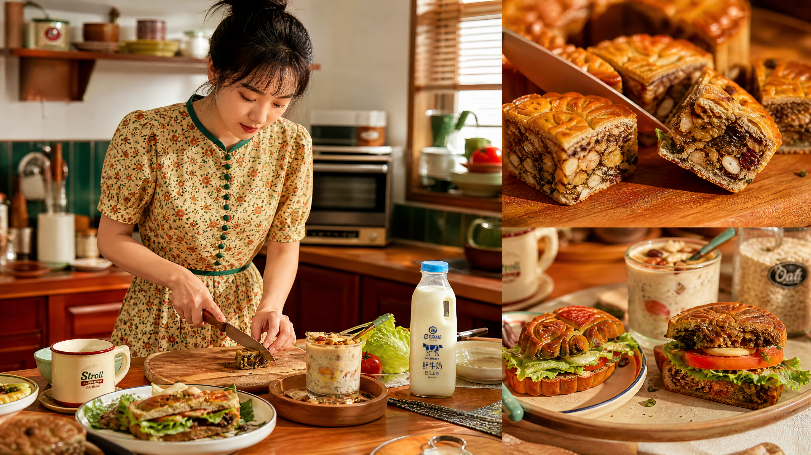 中国年轻女性在家中厨房台面操作剩月饼改造，复古美式高饱和风格，木质台面与复古餐具，人物正在把五仁月饼
