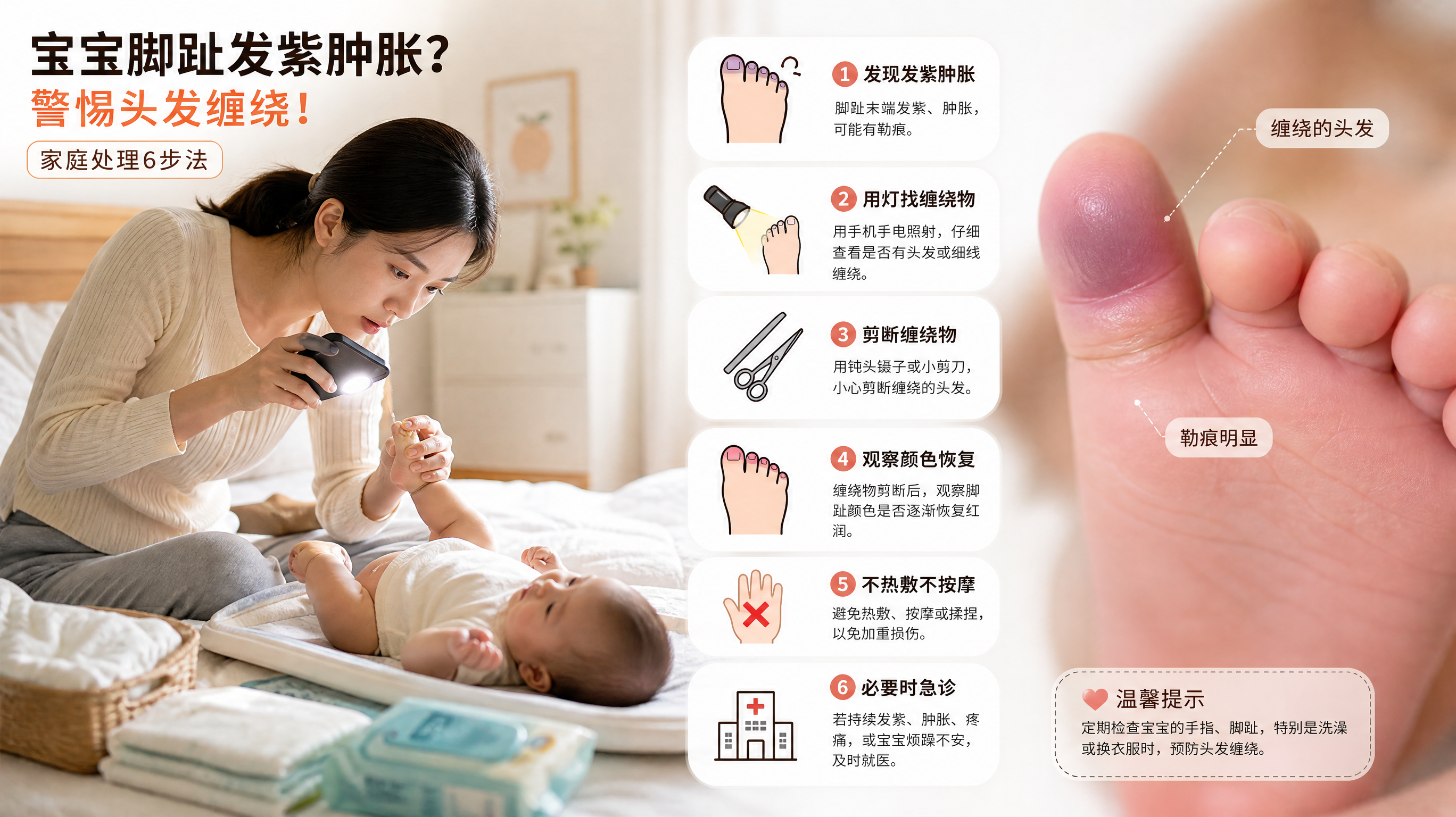 竖版信息图风格画面,中国年轻妈妈在家中明亮卧室给中国婴儿换尿布,妈妈用手机手电筒照向宝宝脚趾并仔细查