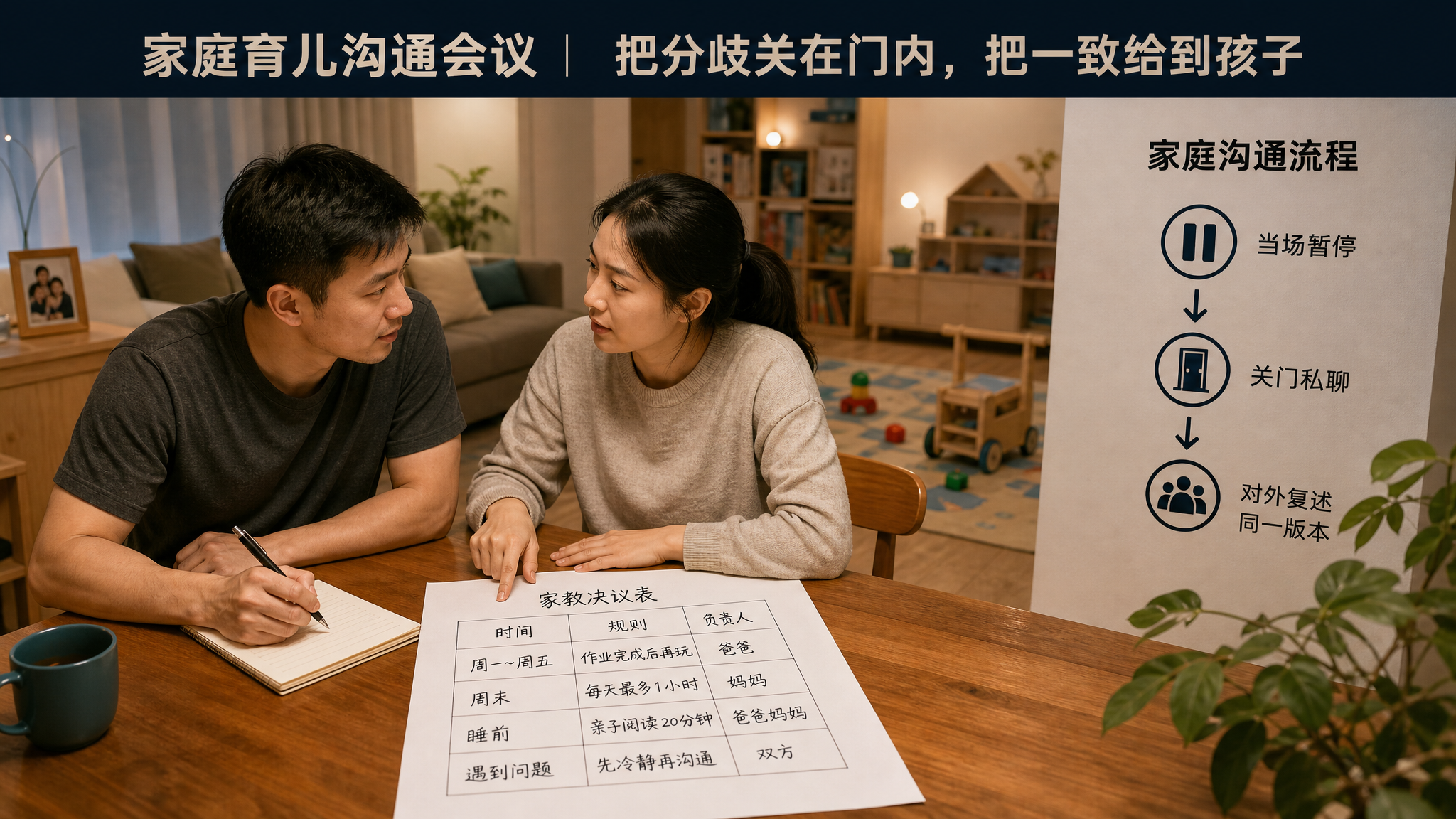 中国年轻夫妻在家中客厅的餐桌旁进行育儿沟通会议，桌上有笔记本和写好的“家教决议表”纸张（包含时间、规