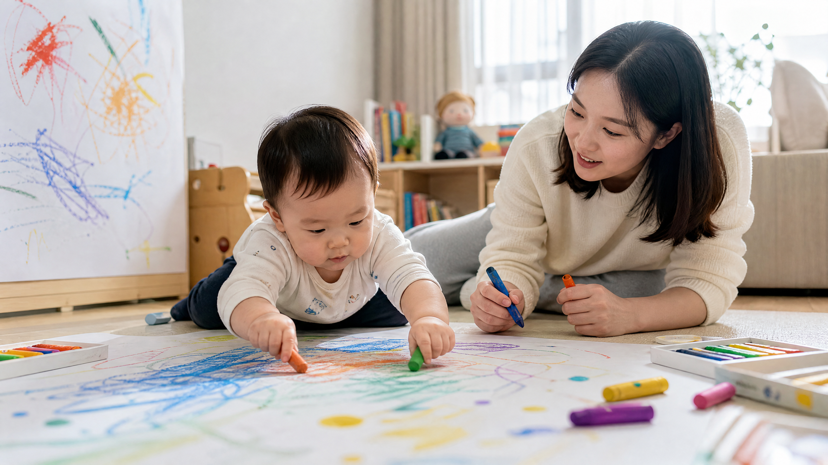 中国年轻妈妈在家中明亮客厅陪10-12个月中国宝宝做涂鸦启蒙,宝宝坐在地垫上或儿童餐椅上(非扶站),