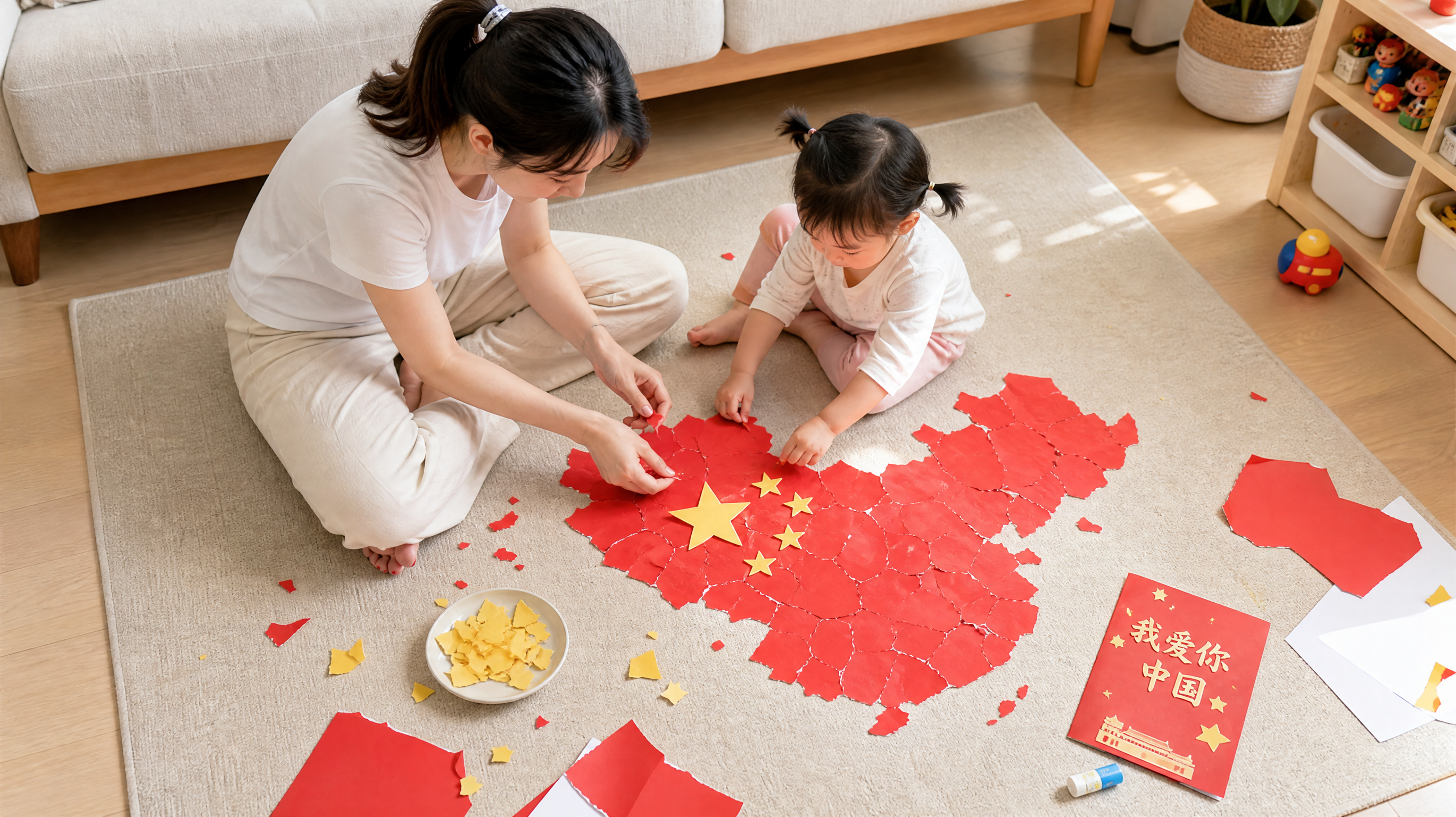宝宝爱撕纸别拦着：红黄纸拼贴做国庆空间启蒙