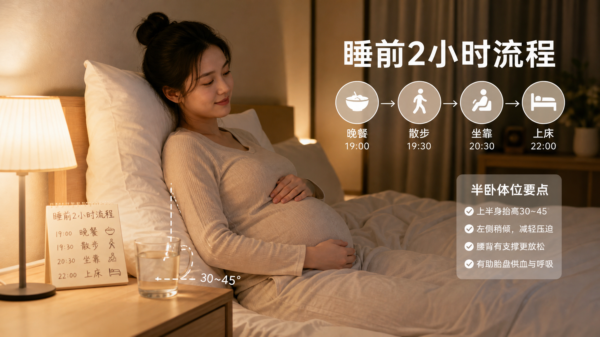 温暖夜间卧室场景，中国孕妇（年轻孕妈）穿舒适家居服，在床边半坐靠着枕头休息，床头柜上有一杯温水和简洁
