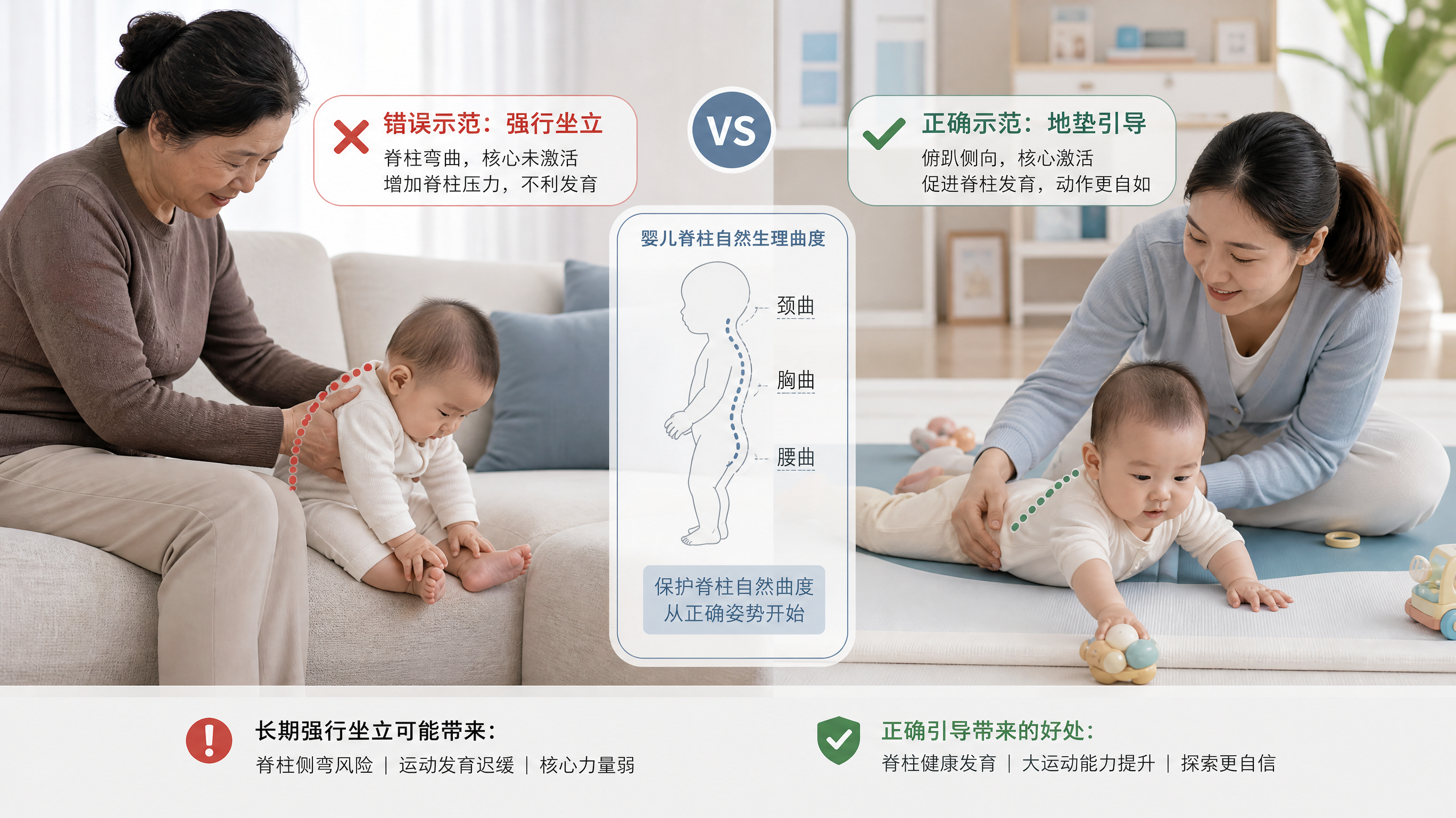 中国家庭客厅场景，对比式画面构图，左侧为错误示范：一位中国长辈把中国6个月婴儿塞在沙发角坐着，婴儿身