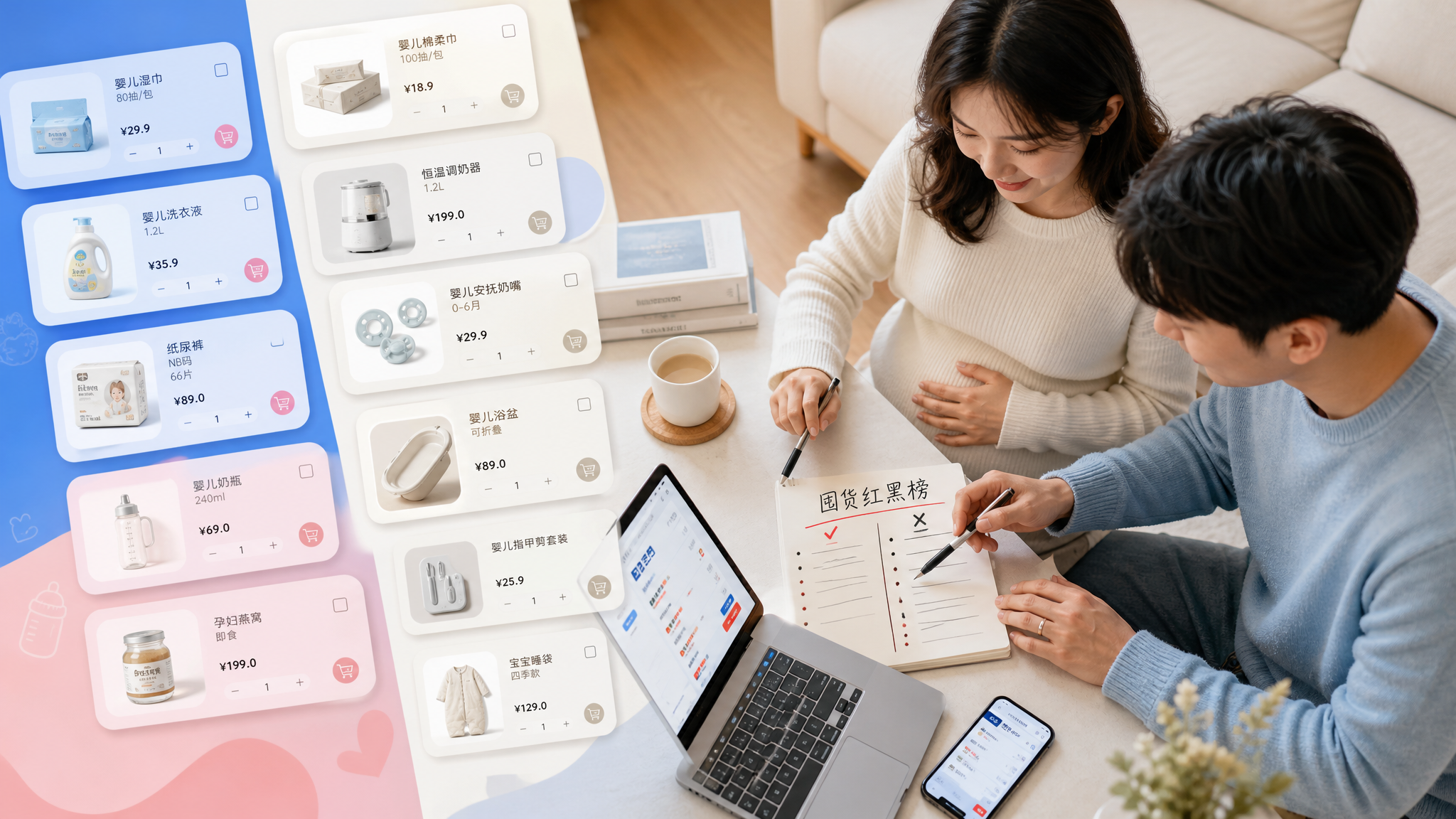 中国年轻准妈妈与准爸爸在家中明亮整洁的客厅里一起整理双十一母婴购物清单，桌面上放着笔记本电脑和手机，