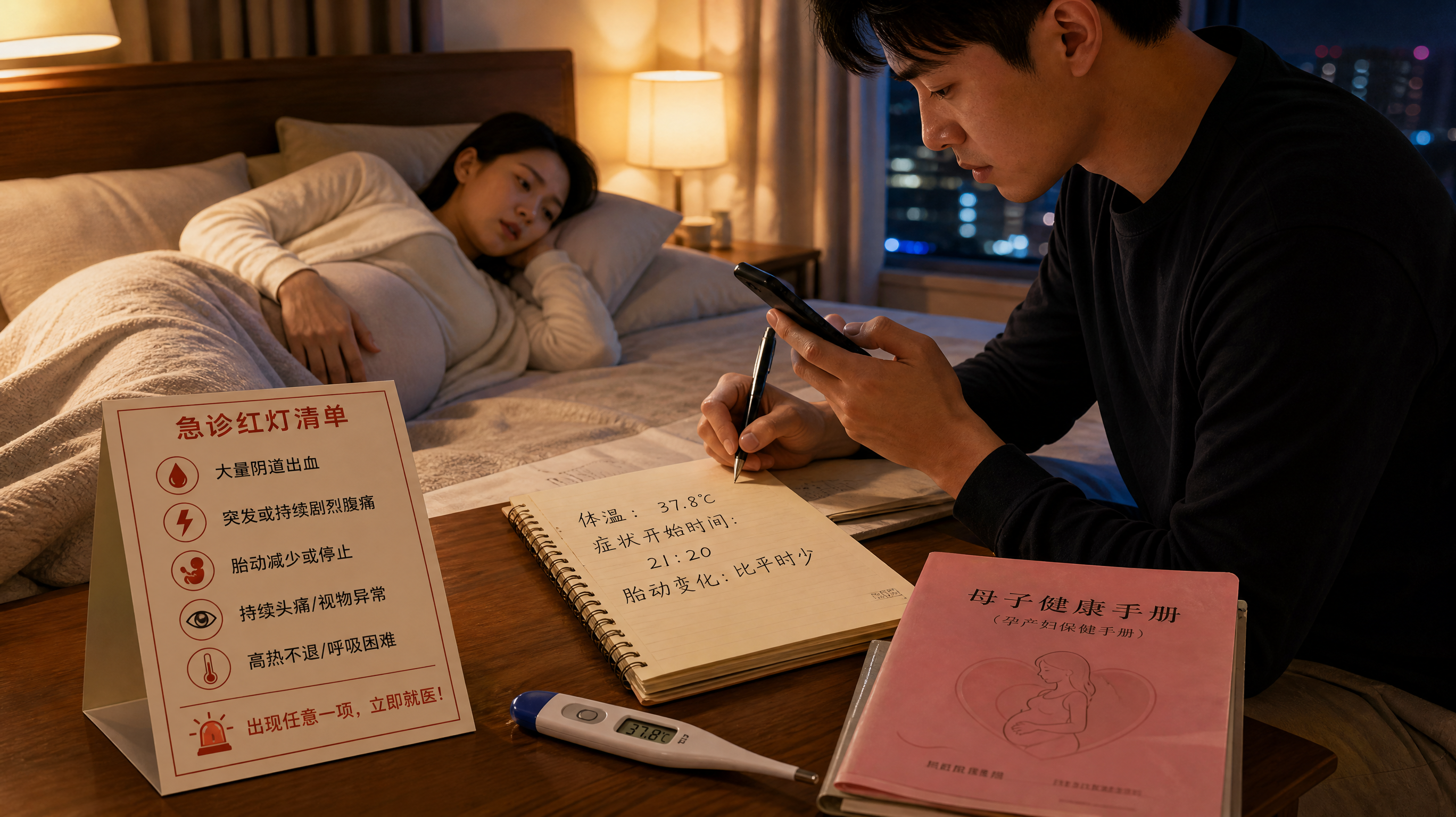 中国年轻准爸爸在家中卧室的床边，手拿手机和纸笔记录“体温、症状开始时间、胎动变化”，床上中国孕妈侧卧