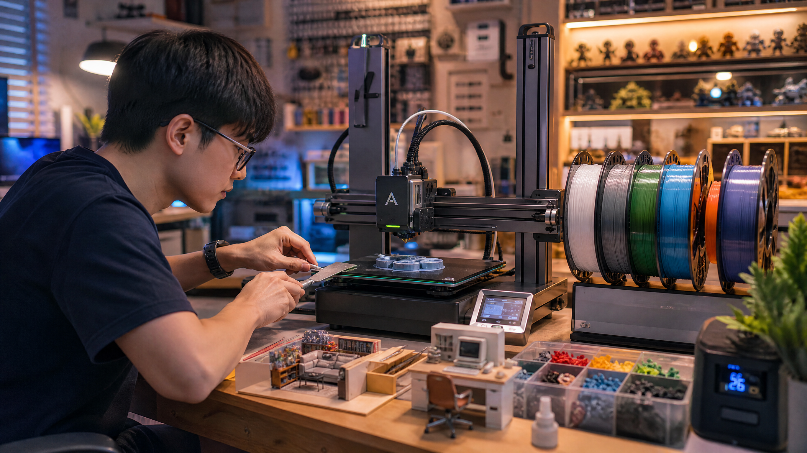 中国年轻极客在家中桌搭工位前操作桌面3D打印机，正在进行多色打印准备与观察首层，人物侧脸专注，手拿刮