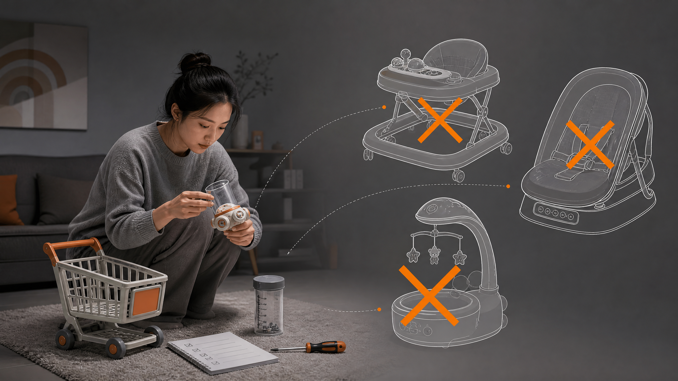 深灰色背景的家庭客厅场景信息图风格画面，中国年轻妈妈蹲在地毯旁整理购物车清单，旁边有三件大件婴儿用品
