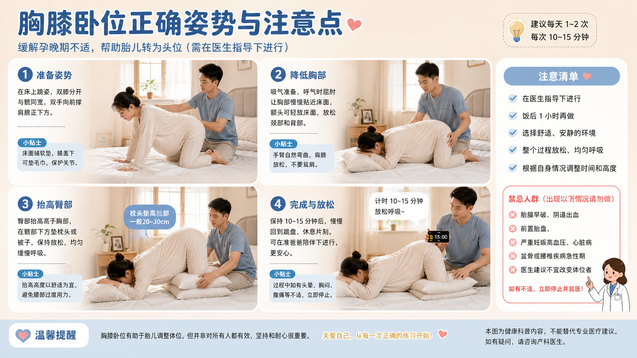 清爽图示教学风的分步条漫海报，场景为卧室床边，中国孕晚期孕妇穿宽松家居服在床上做胸膝卧位，中国年轻准