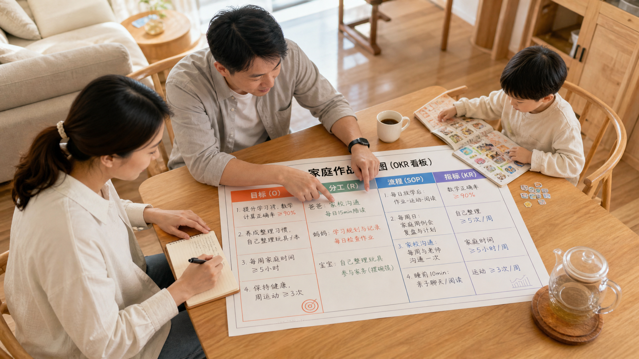中国年轻三口之家在家中餐桌旁开“家庭周例会”，桌上放着一张像企业OKR看板的“家庭作战地图”纸张/白