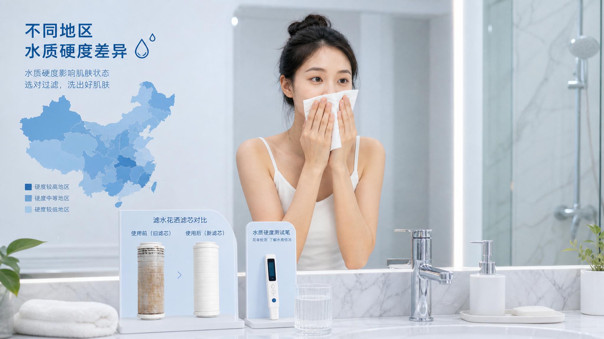 清新蓝白风信息图风格画面，中国年轻女生在酒店浴室镜前洗脸后用纸巾按压吸干，台面摆放“滤水花洒滤芯对比