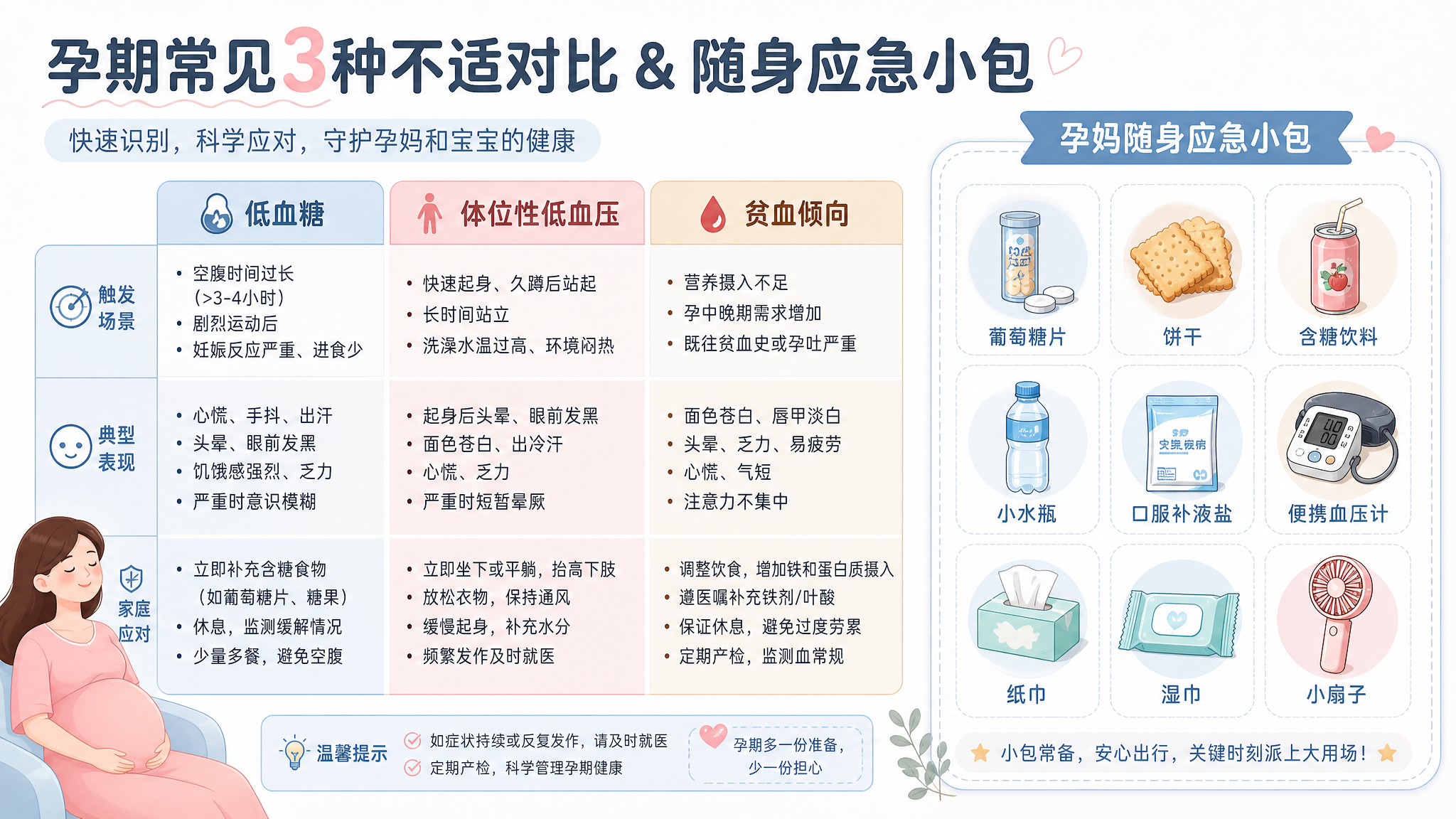 信息图风格的健康科普配图，三列对比表“低血糖/直立性低血压/贫血倾向”，每列包含触发场景、典型表现、