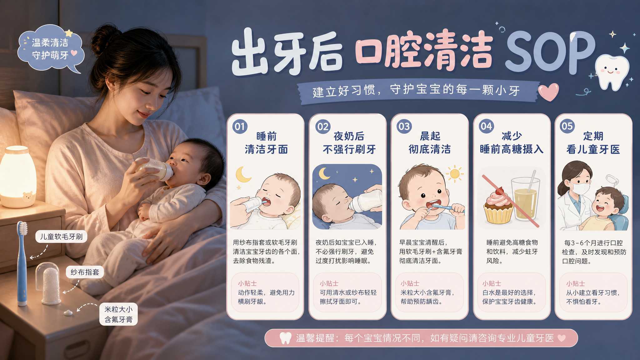 中国年轻妈妈在夜间卧室柔和小夜灯下抱着中国婴儿喂夜奶,床头放着儿童软毛牙刷与纱布指套、米粒大小含氟牙