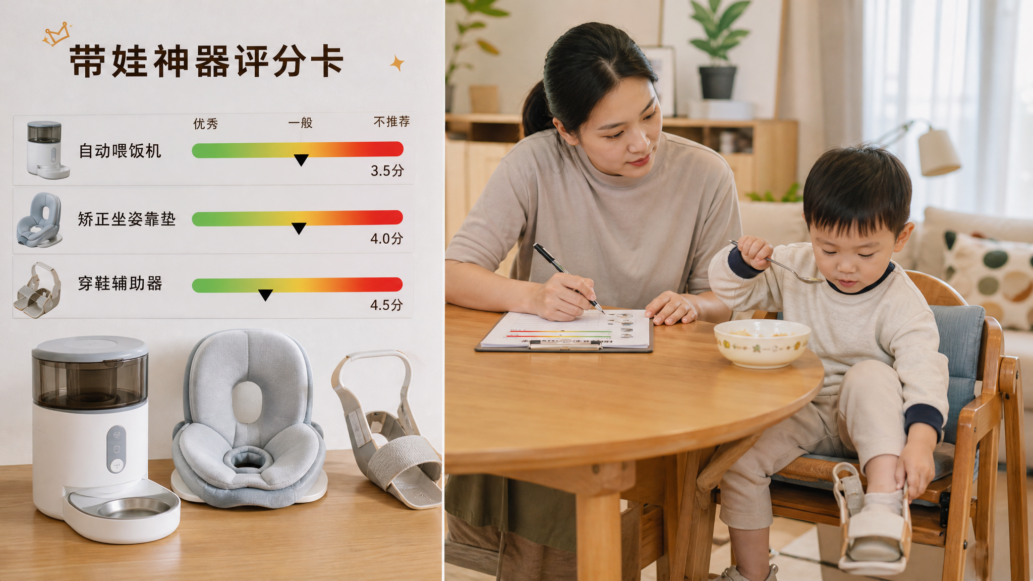 中国家庭客厅场景，年轻中国妈妈在餐桌旁用笔在“带娃神器评分卡”上打分（评分条从绿色到红色渐变），桌面