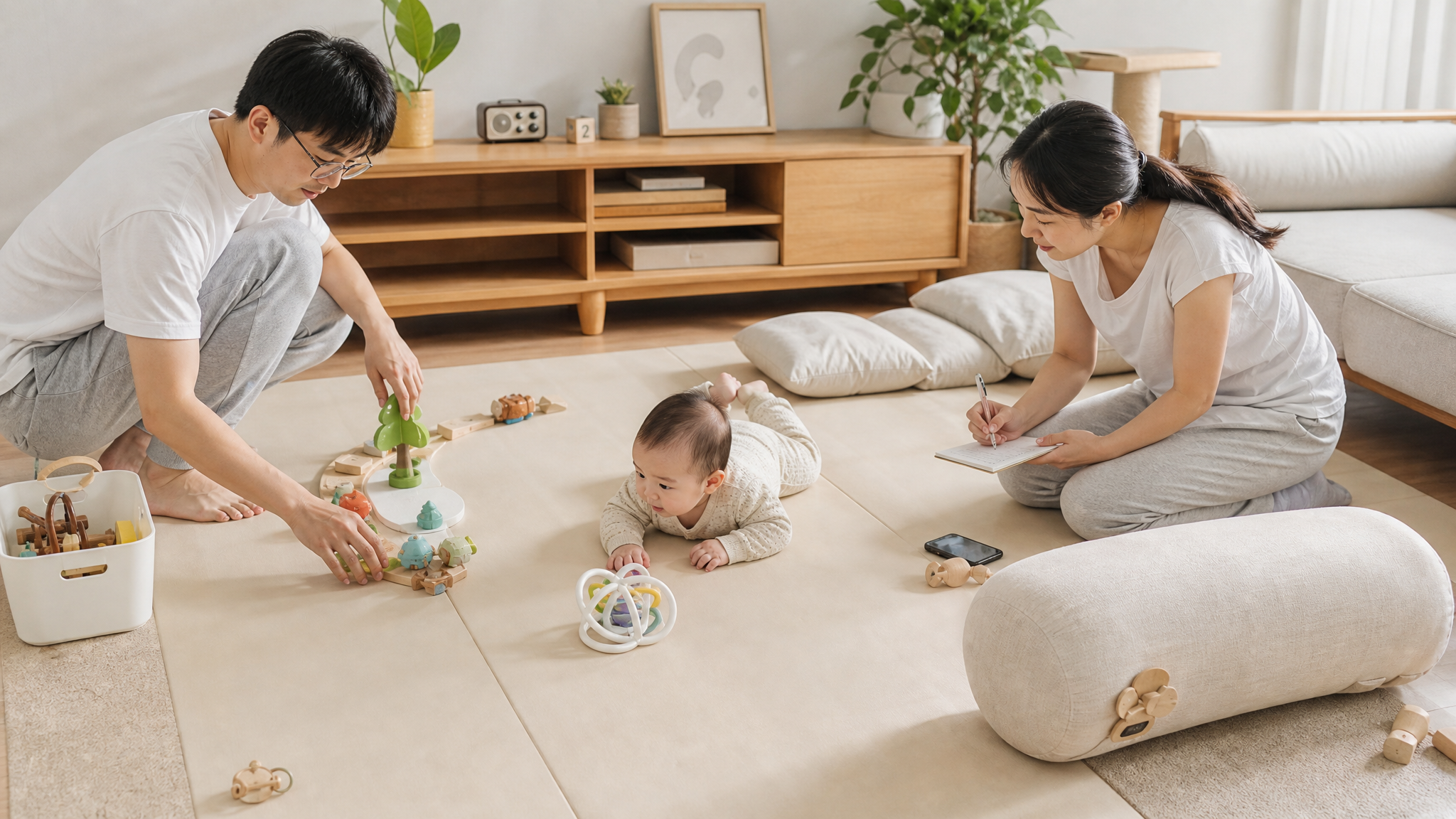 俯视构图，中国年轻夫妻在家中客厅的地板上进行“地板巡航”协作育儿场景，地面铺有防滑垫与软垫，左侧区域