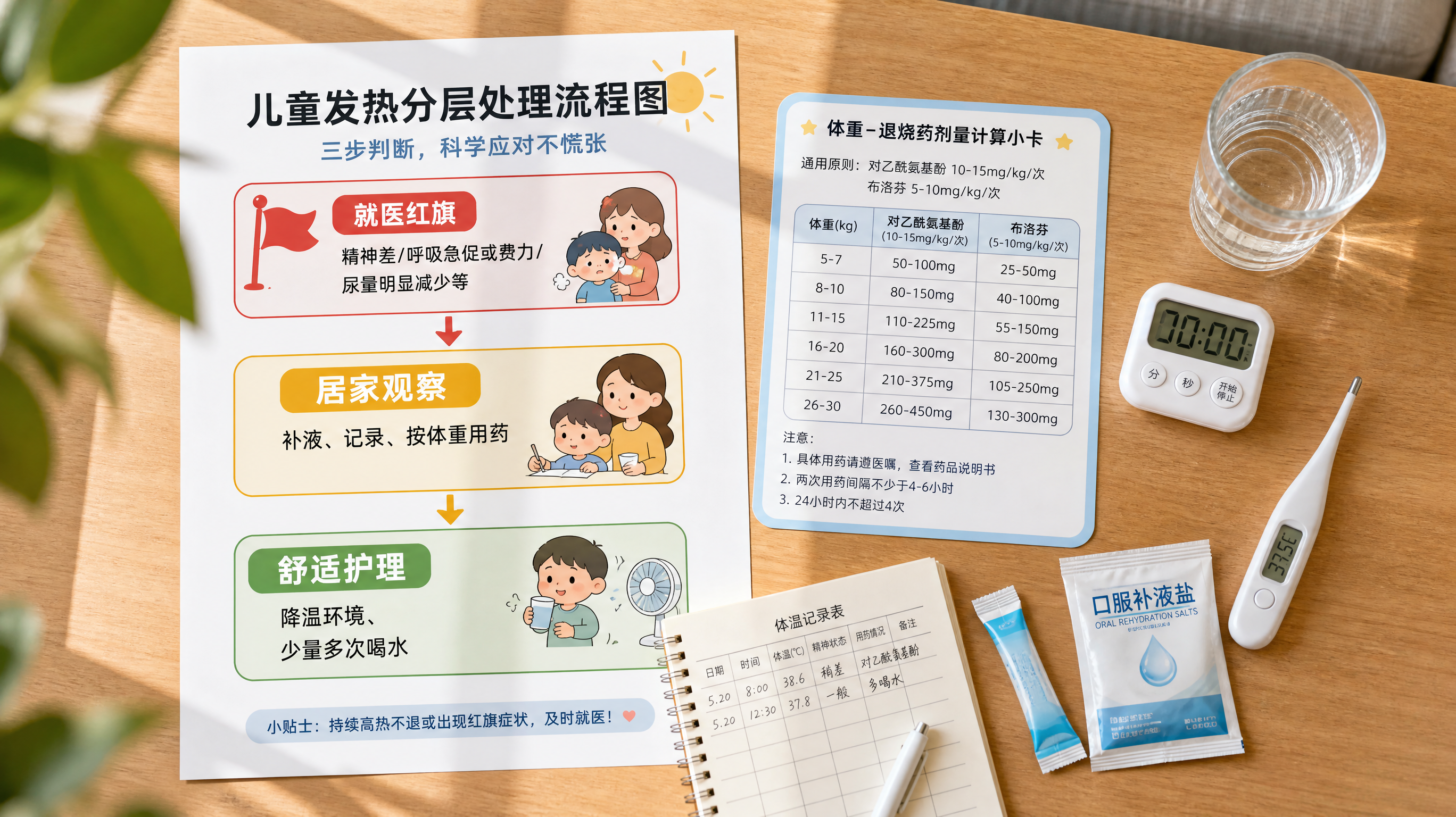一张A4竖版信息图风格的画面，主题为“儿童发热分层处理流程图”，画面中有红黄绿三色分区：红色区写“就