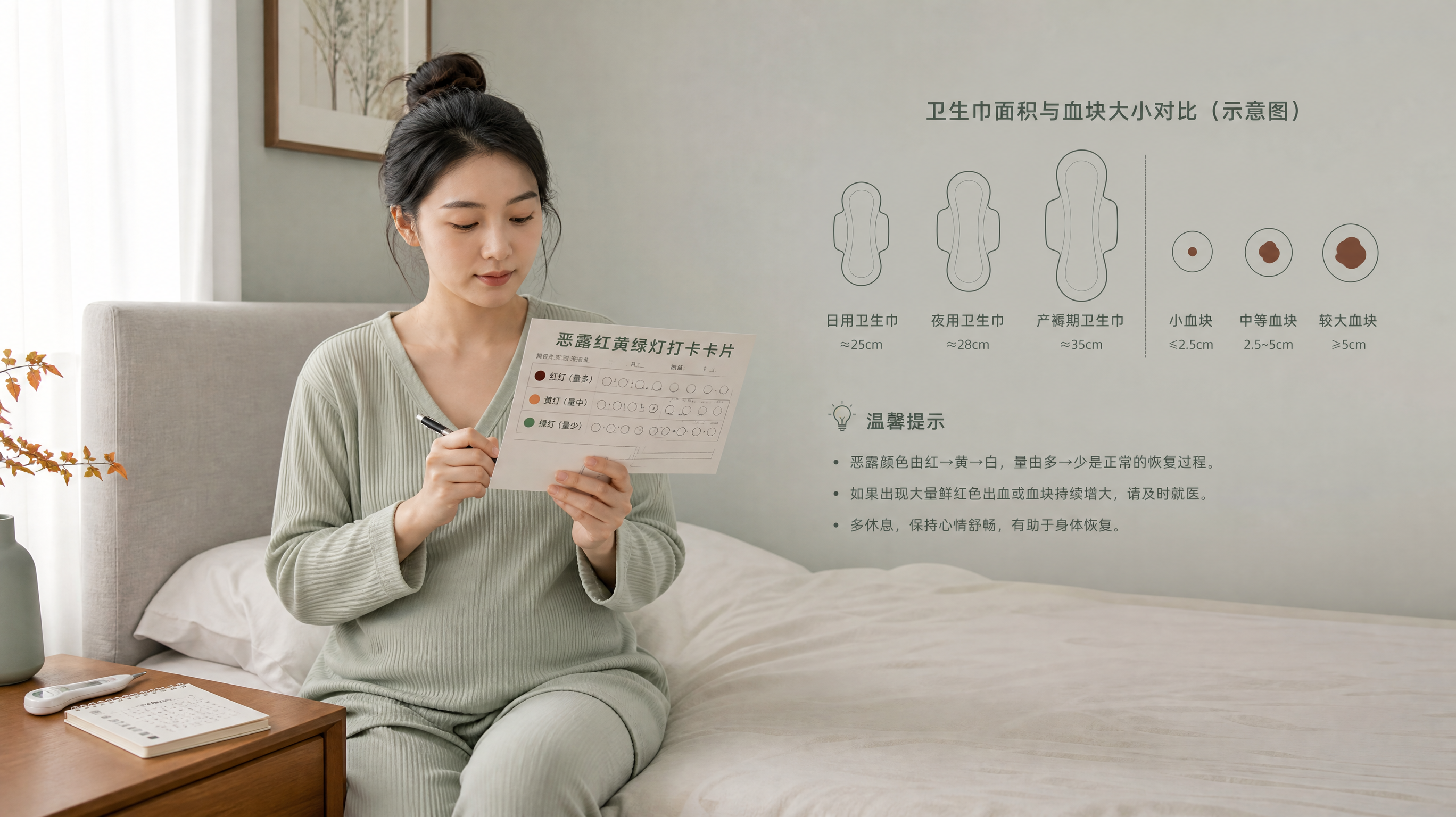 中国年轻产后妈妈在家中卧室的床边，穿着舒适家居服，坐姿放松，手里拿着一张“恶露红黄绿灯打卡卡片”和笔
