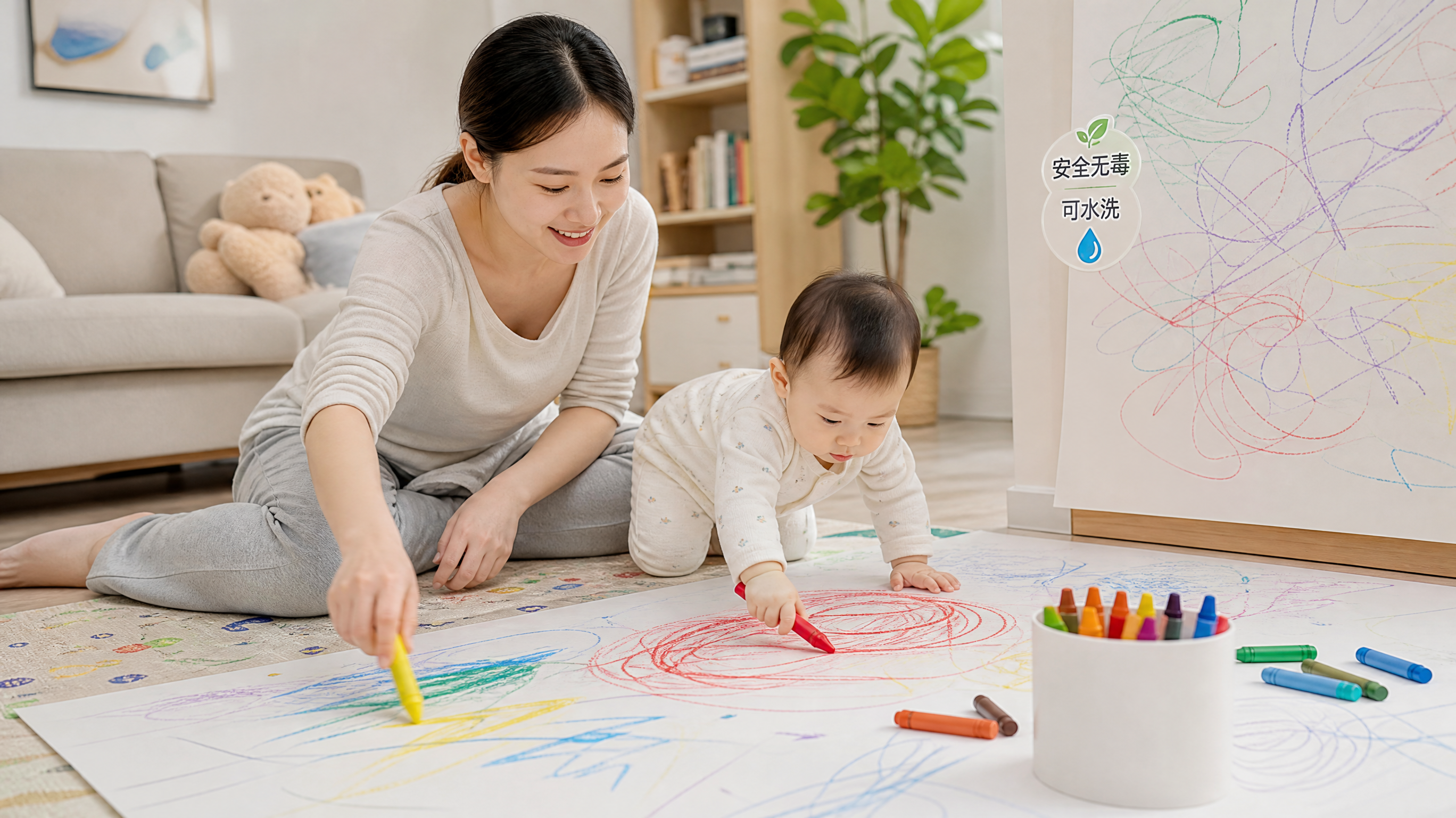 明亮整洁的中国家庭客厅场景,一位中国年轻妈妈坐在地垫旁,陪同一名10-12个月中国婴儿进行涂鸦启蒙;